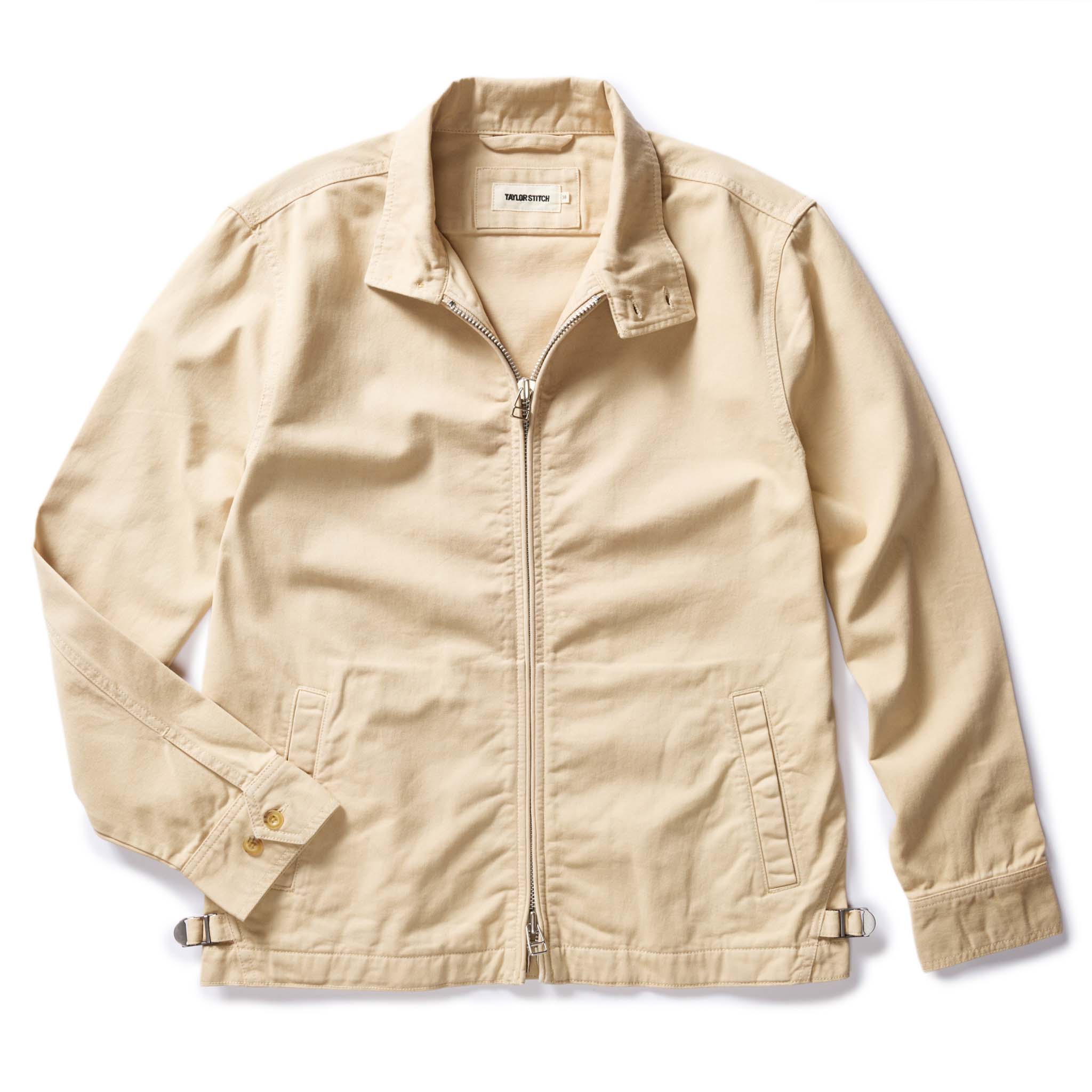 flatlay of The Flint Jacket in Light Khaki Broken Twill, Outerwear by Taylor Stitch