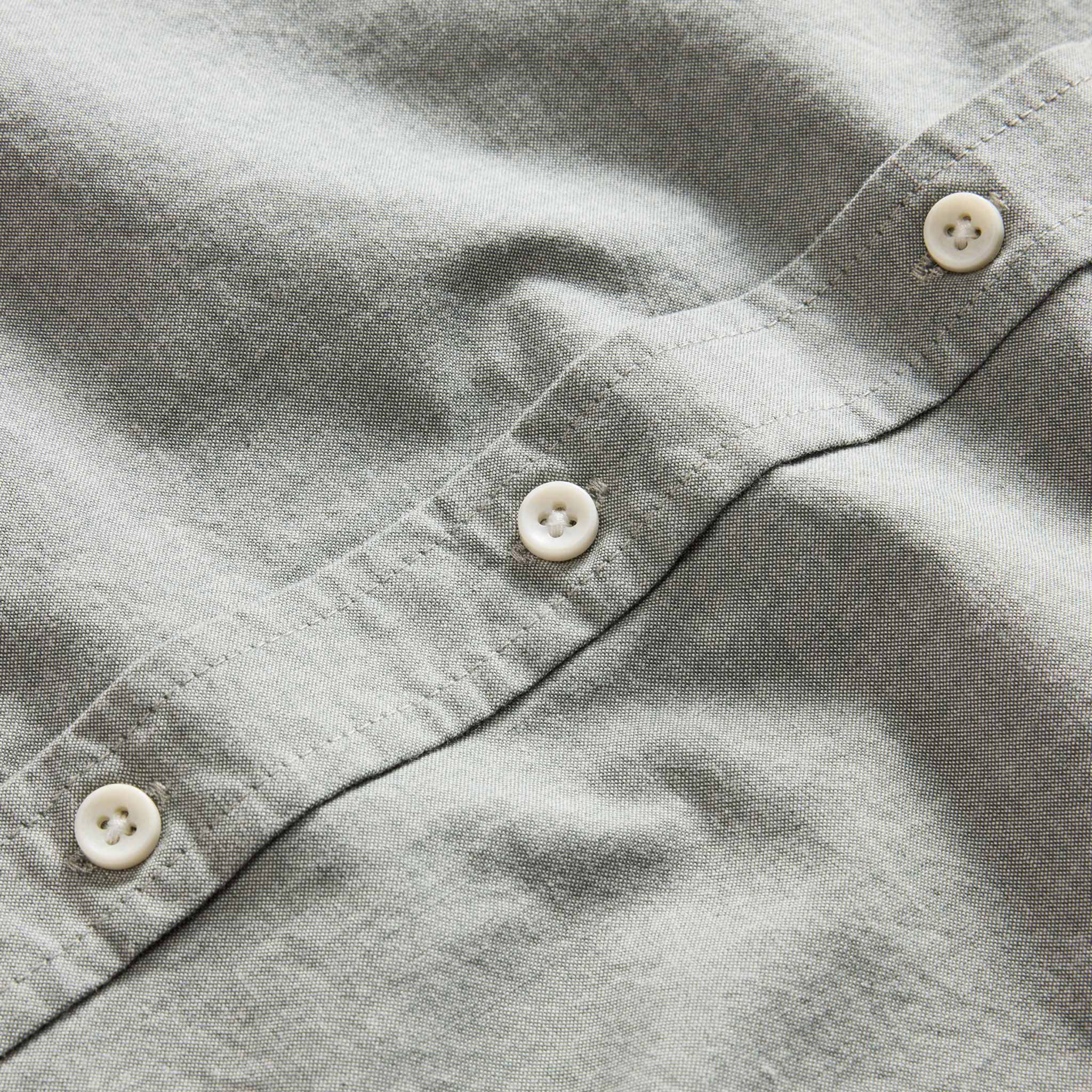 material shot of the natural-colored buttons on The Jack in Deep Sea Chambray, Wovens by Taylor Stitch