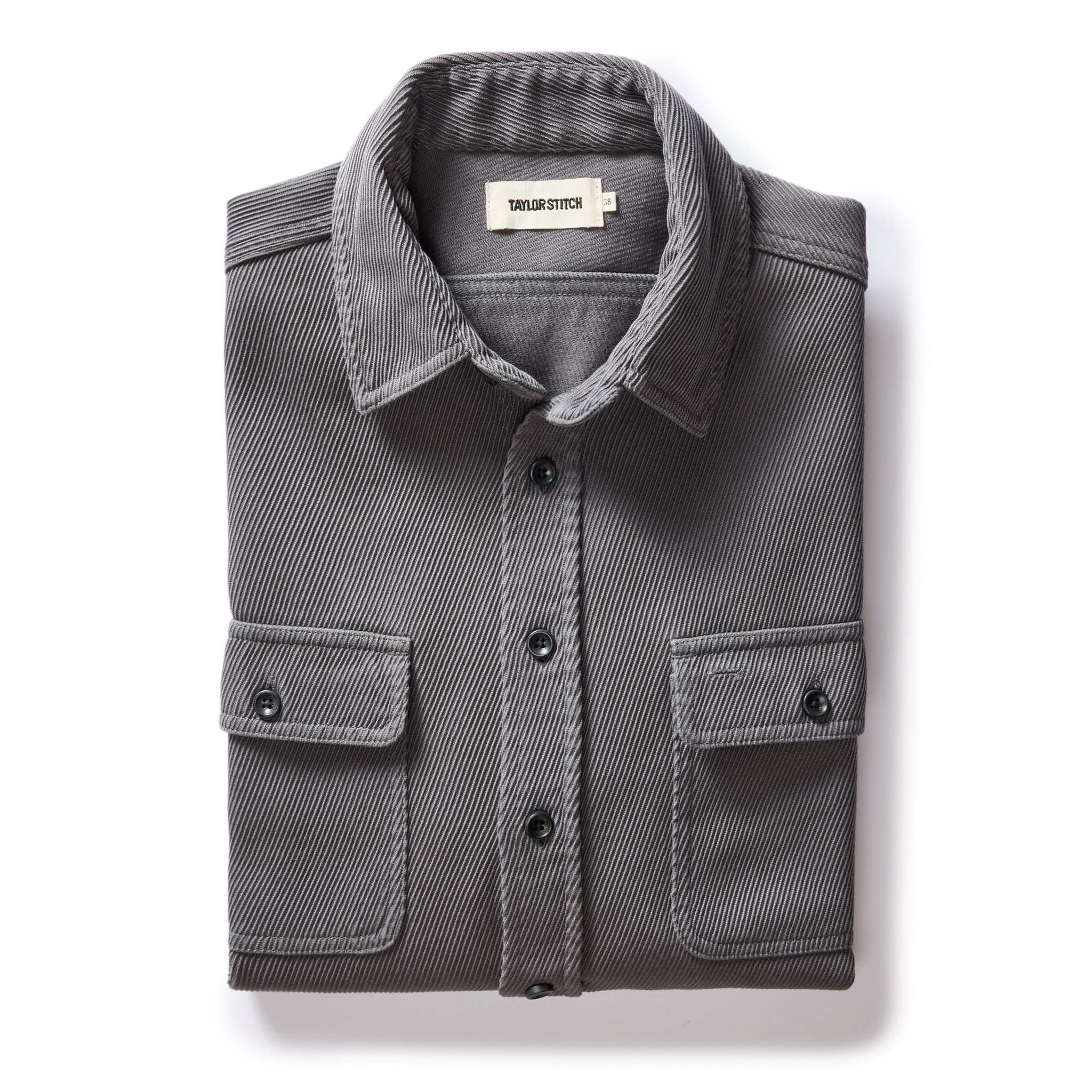 folded flatlay of The Ledge Shirt in Shale Twill, Wovens by Taylor Stitch