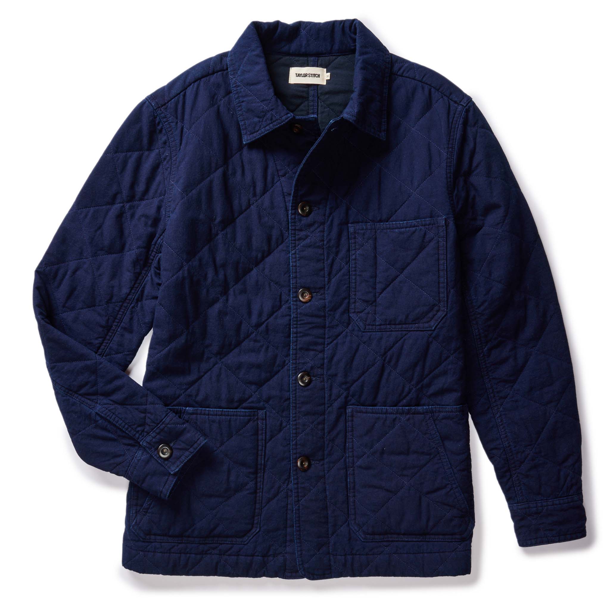 The Ojai Chore Coat in Indigo Diamond Quilt flatlay, Outerwear by Taylor Stitch