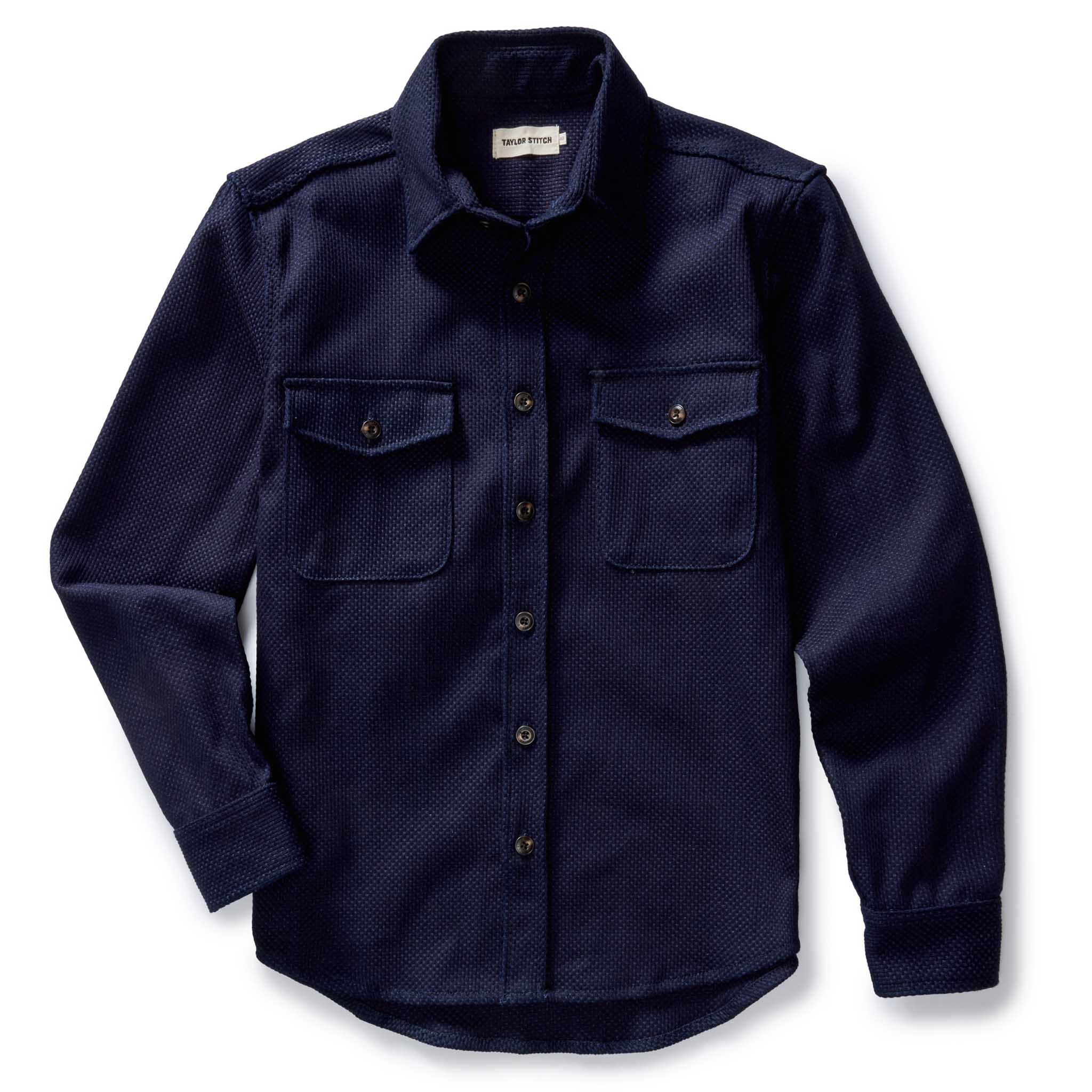 flatlay of The Mill Shirt Jacket in Rigid Indigo Sashiko, Outerwear by Taylor Stitch