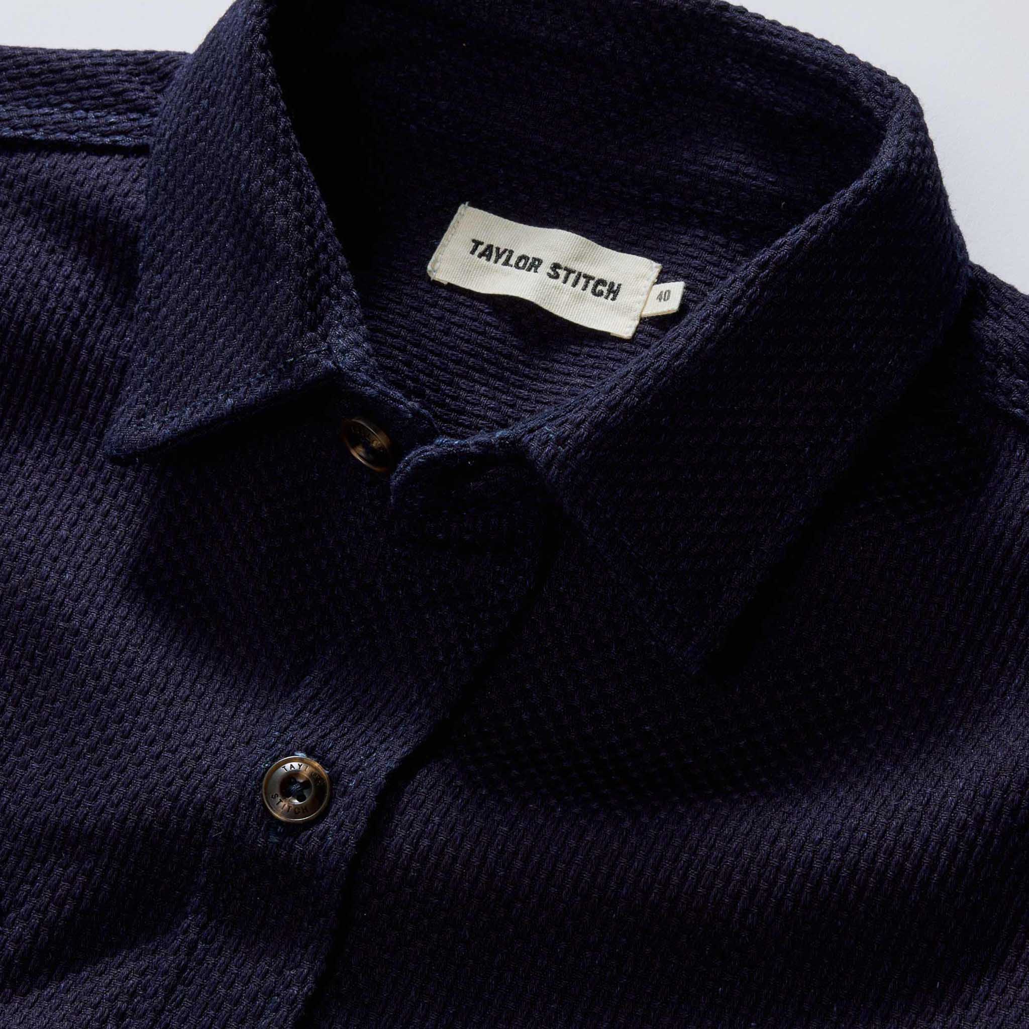 material shot of the collar on The Mill Shirt Jacket in Rigid Indigo Sashiko, Outerwear by Taylor Stitch