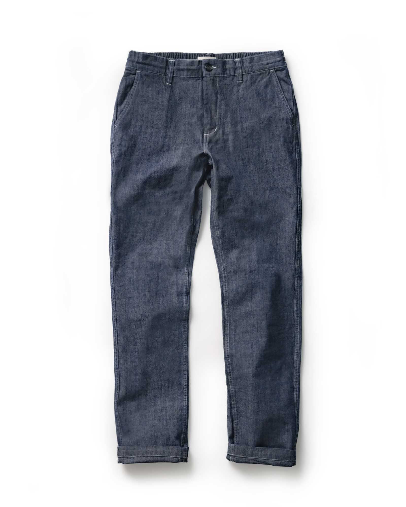 flatlay of The Easy Pant in Washed Indigo Chambray, Bottoms by Taylor Stitch