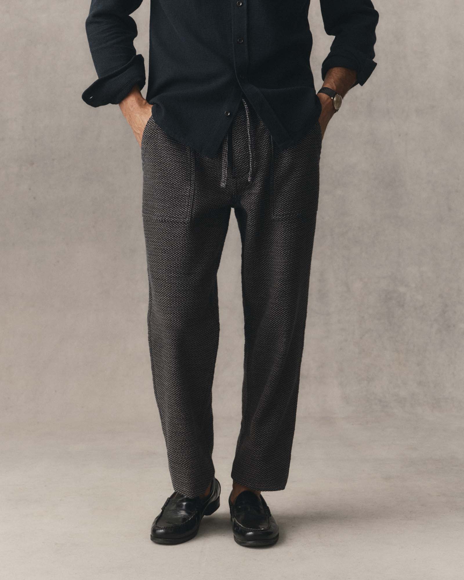 fit model showing off The Breakwater Pant in Charcoal Sashiko, Bottoms by Taylor Stitch