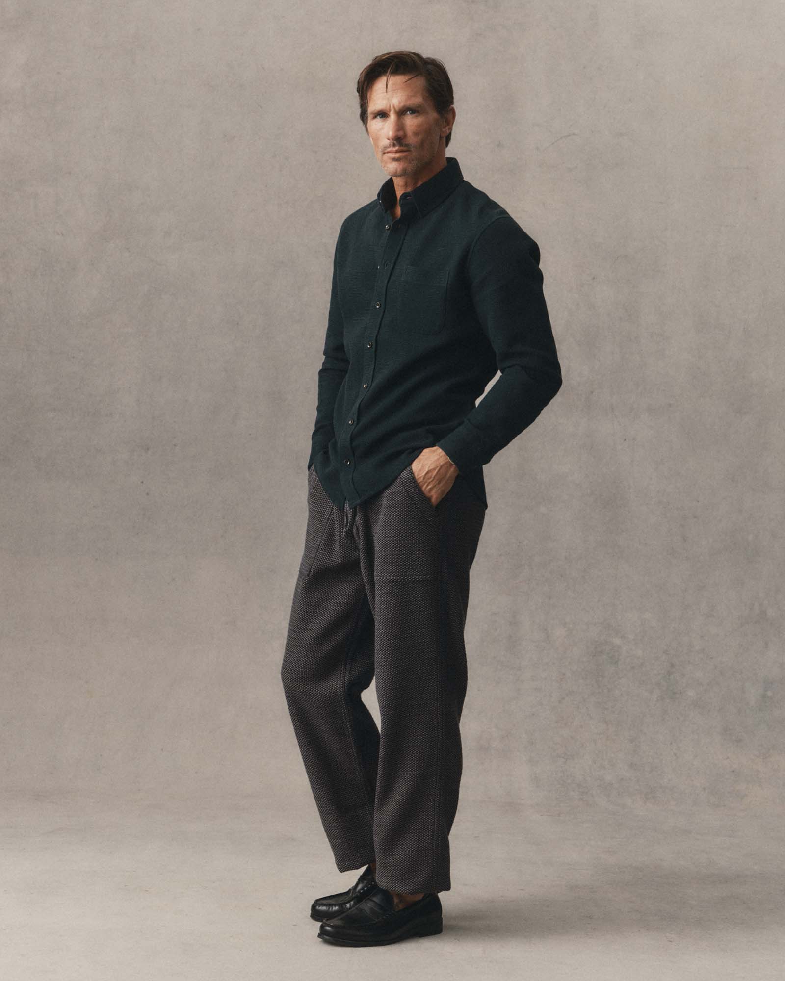 fit model posing in The Breakwater Pant in Charcoal Sashiko, Bottoms by Taylor Stitch