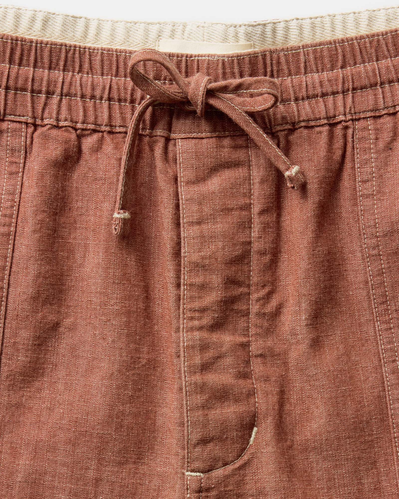 material shot of the waistband on The Breakwater Short in Brick Chambray, Bottoms by Taylor Stitch
