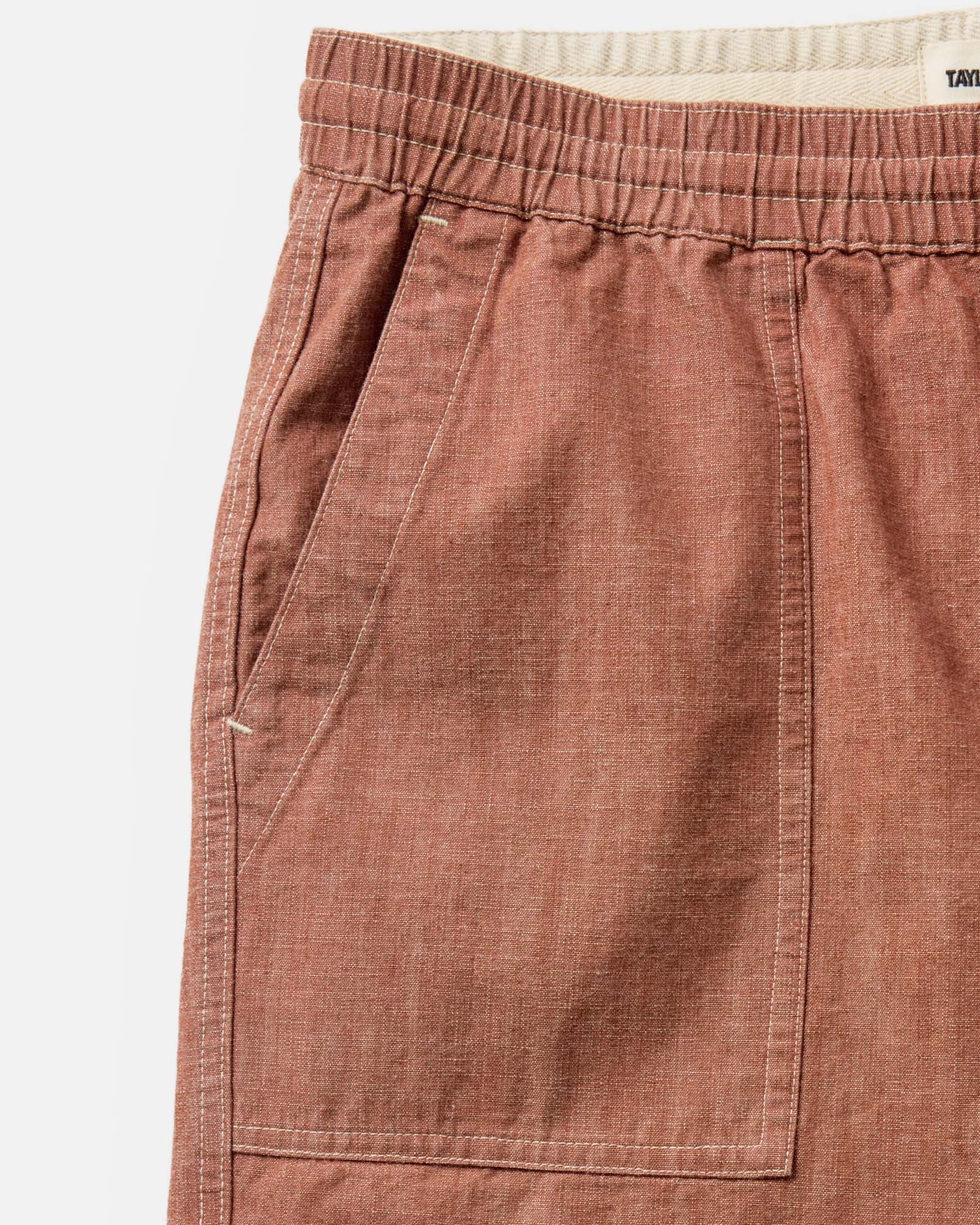 material shot of the waistband on The Breakwater Short in Brick Chambray, Bottoms by Taylor Stitch