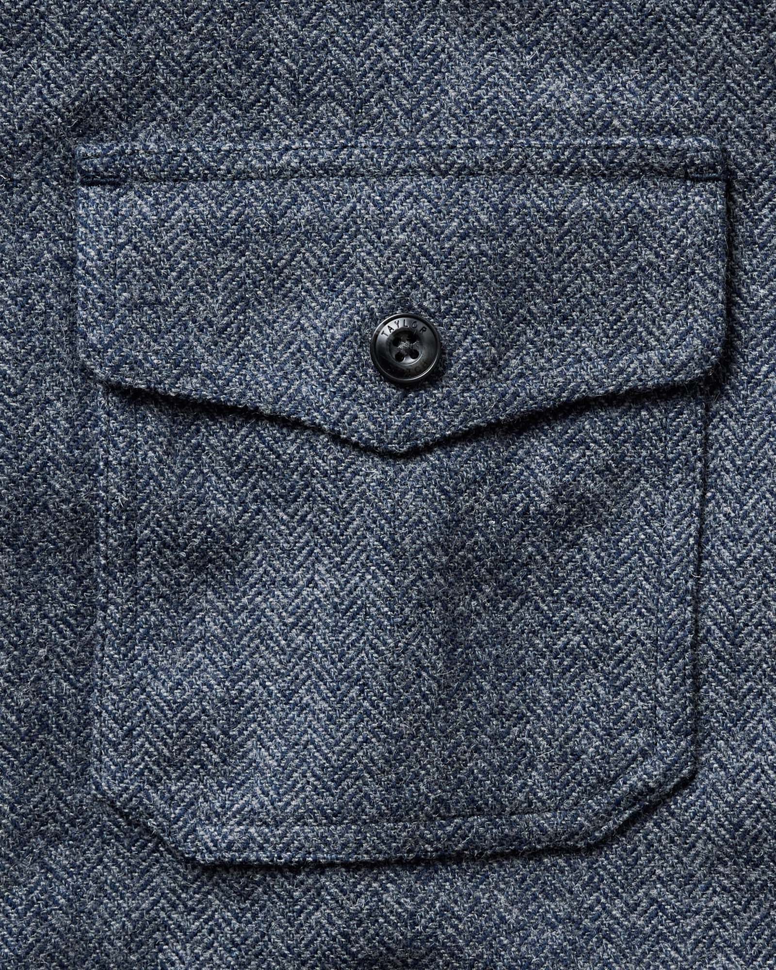 material shot of the pocket on The CPO Overshirt in Indigo Ash Wool Herringbone, Wovens by Taylor Stitch