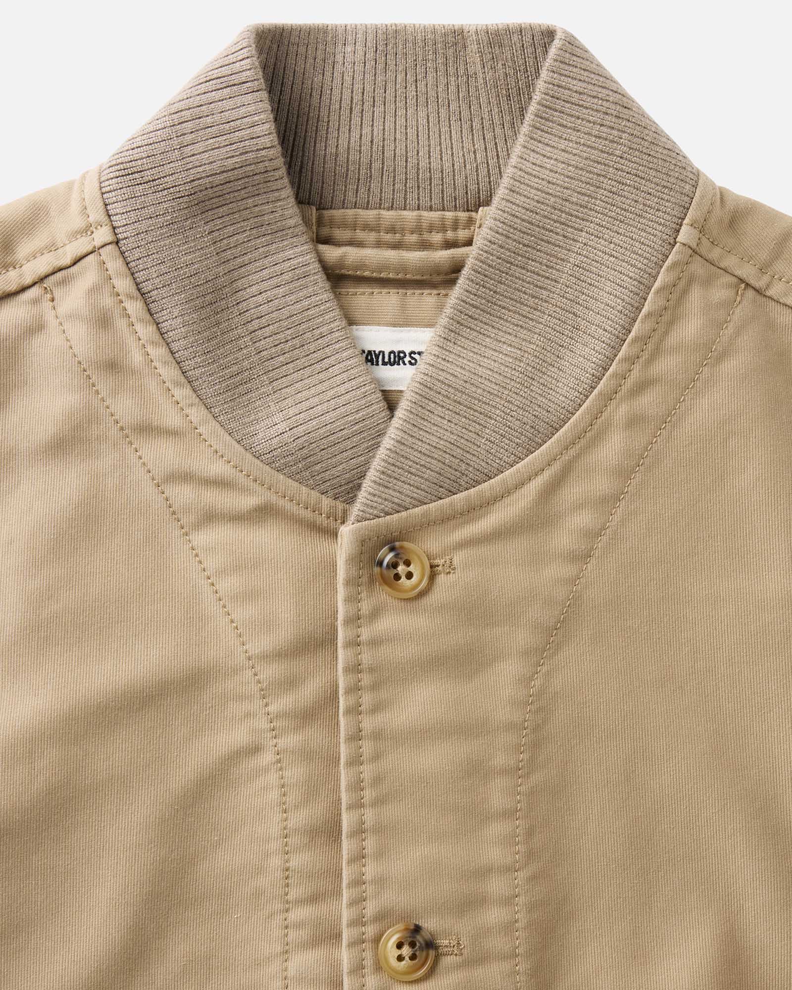 material shot of the collar on The Clark Bomber in Khaki Bedford Cord, Outerwear by Taylor Stitch