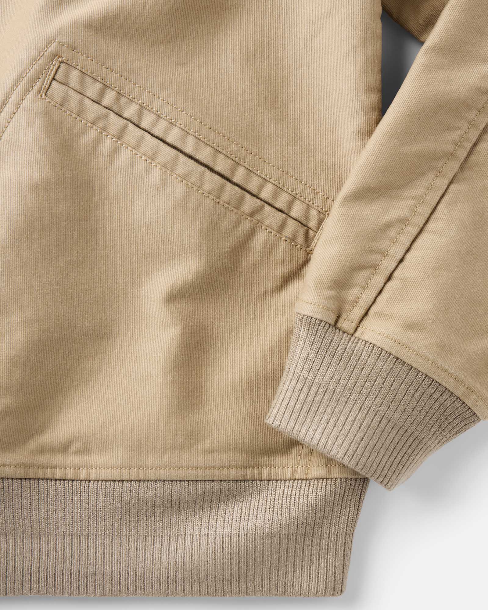 material shot of the sleeve on The Clark Bomber in Khaki Bedford Cord, Outerwear by Taylor Stitch