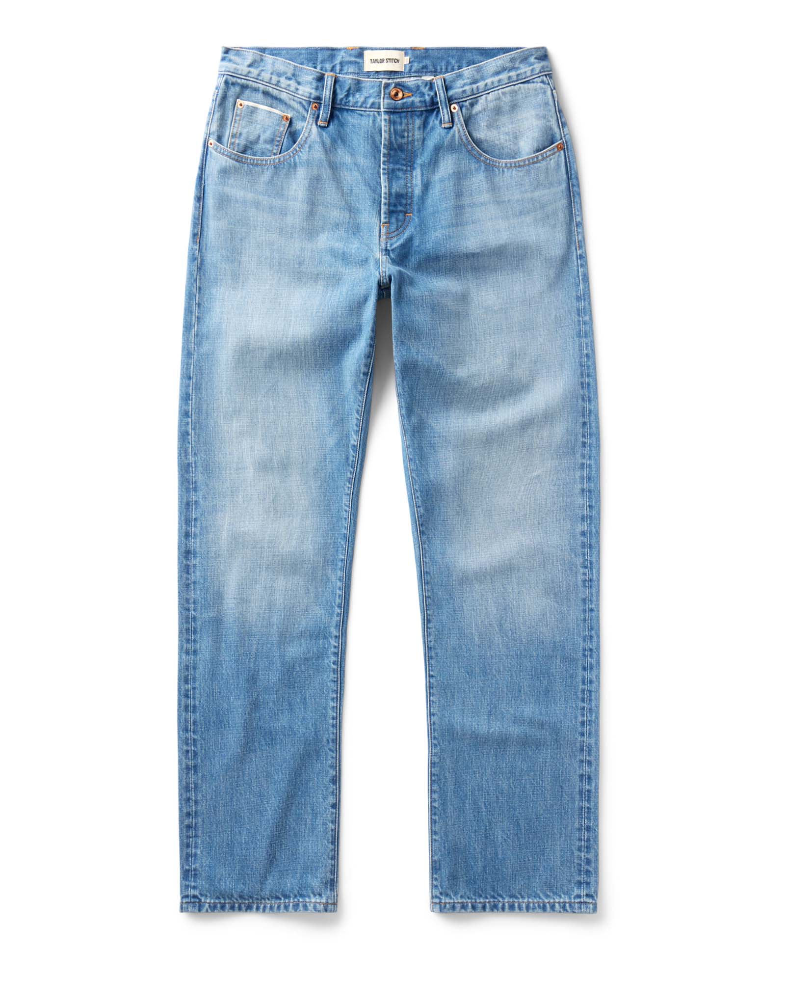 flatlay of The Democratic Jean in Light Wash Organic Selvedge, Bottoms by Taylor Stitch