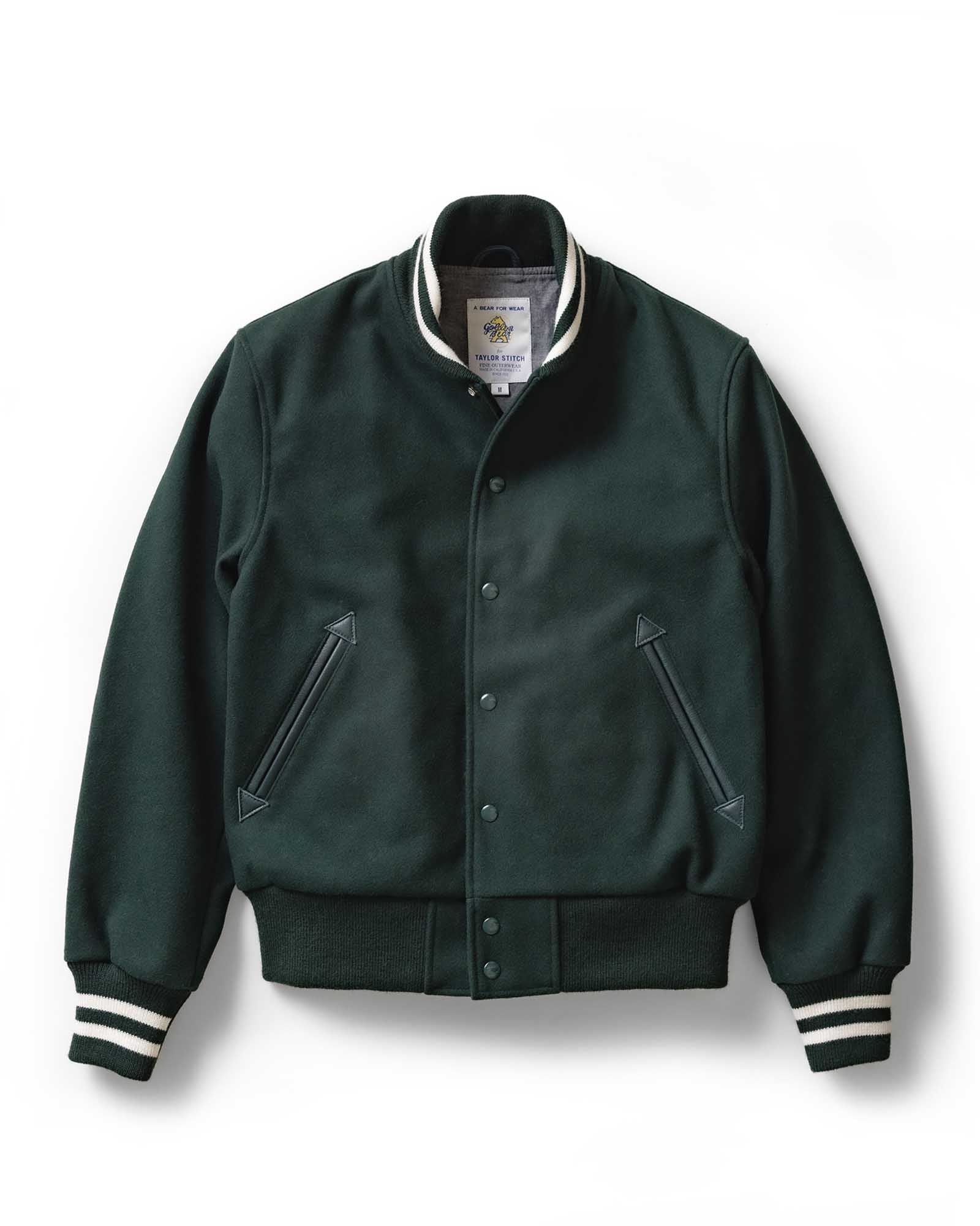 flatlay of The Golden Bear Snap Bomber in Ivy Wool, Outerwear by Taylor Stitch