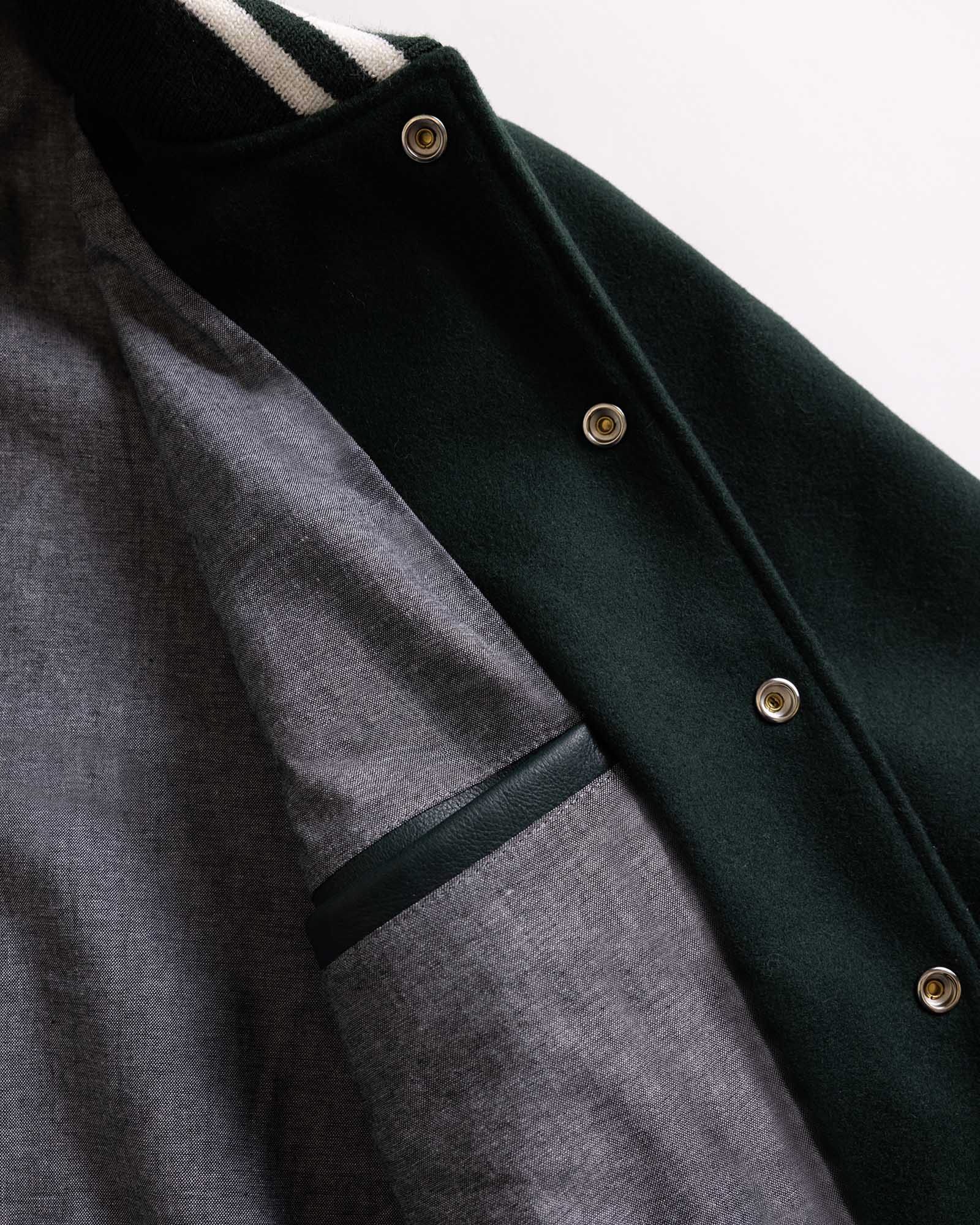 material shot of the buttons on The Golden Bear Snap Bomber in Ivy Wool, Outerwear by Taylor Stitch
