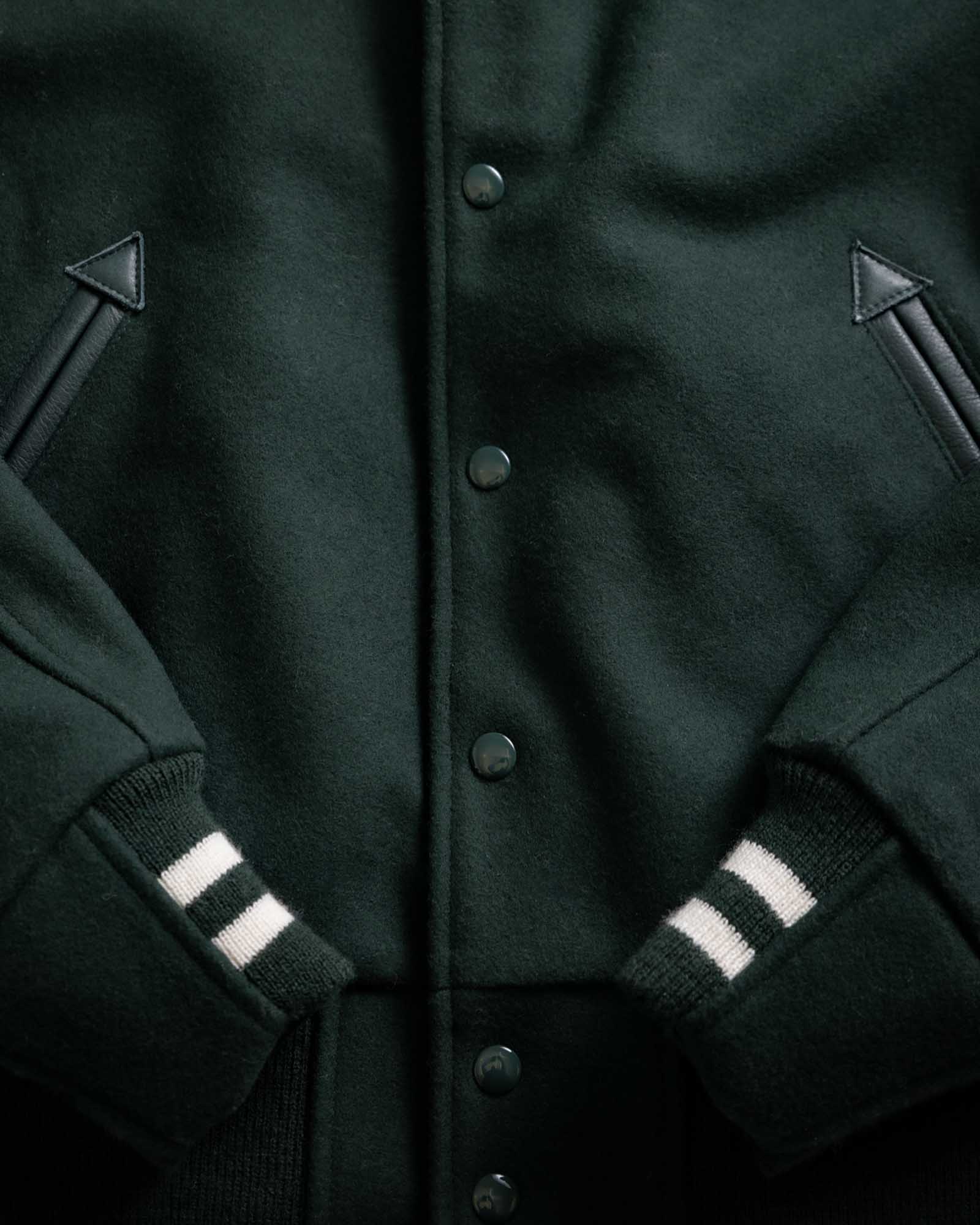 material shot of the buttons on The Golden Bear Snap Bomber in Ivy Wool, Outerwear by Taylor Stitch