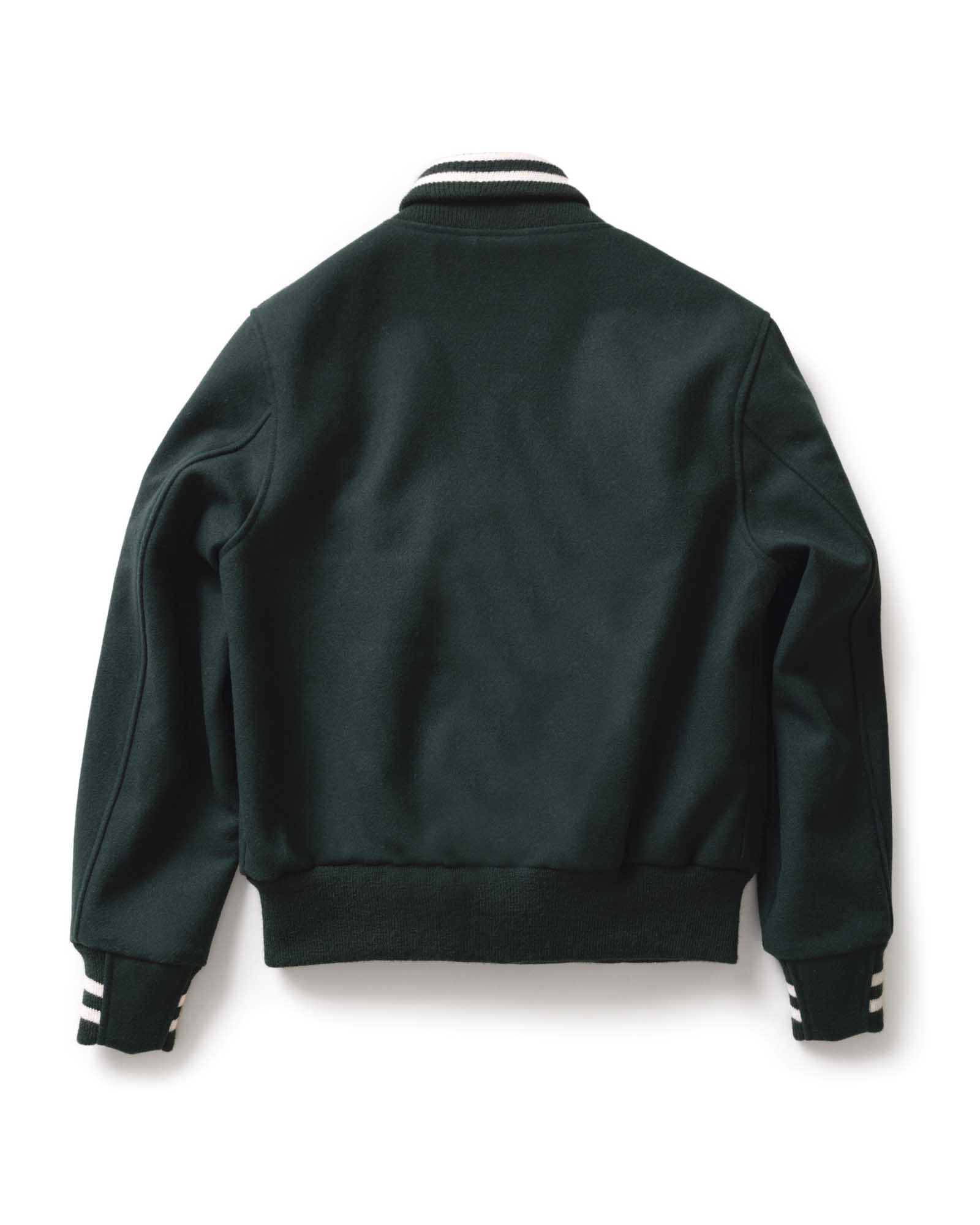 flatlay of the back of The Golden Bear Snap Bomber in Ivy Wool, Outerwear by Taylor Stitch