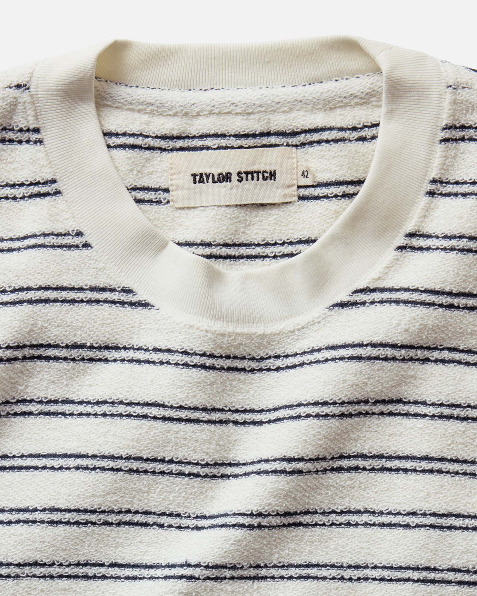 material shot of the collar on The Hooper Crew in Marine Stripe, Knits by Taylor Stitch