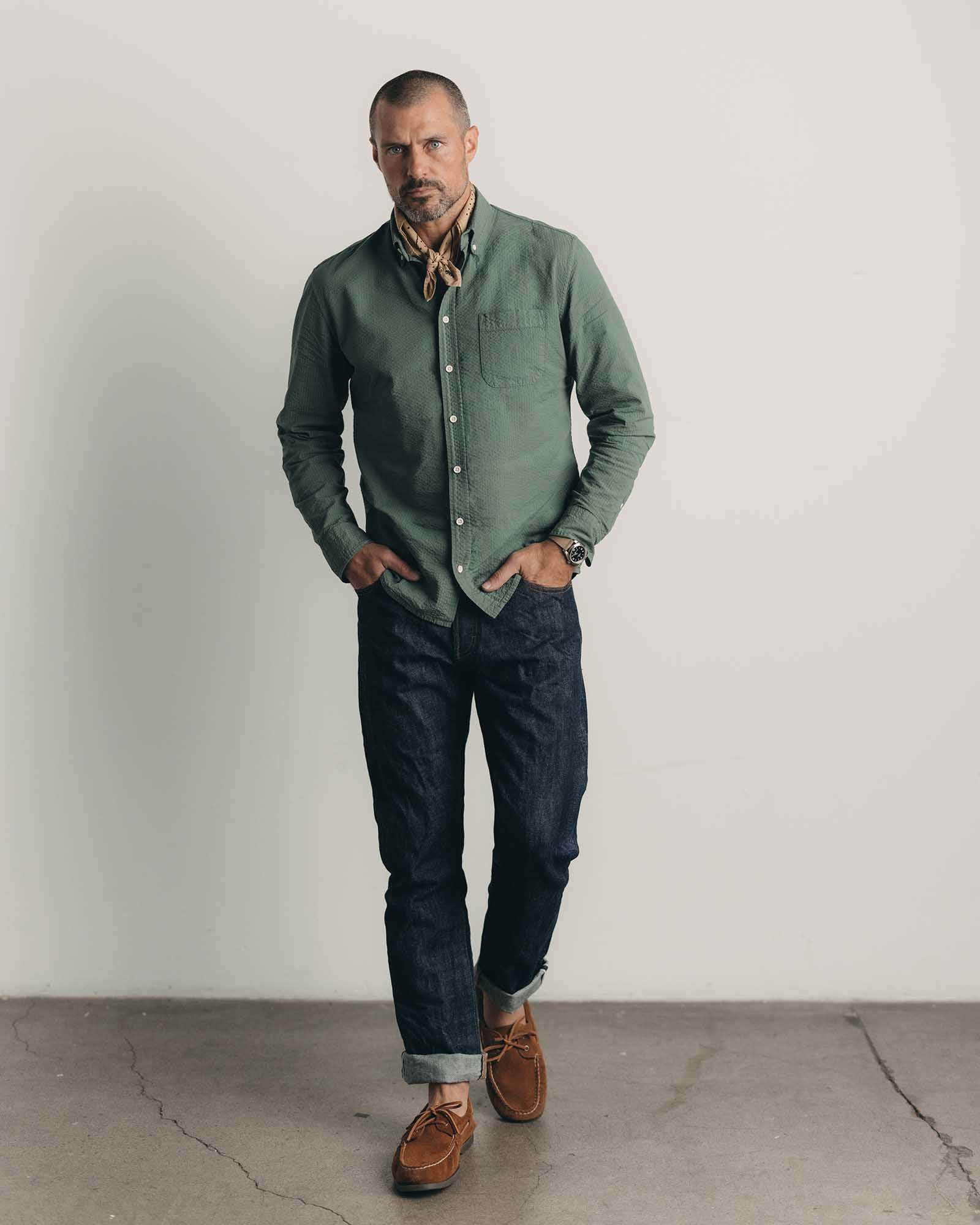 fit model walking wearing The Jack in Deep Sea Seersucker, Wovens by Taylor Stitch