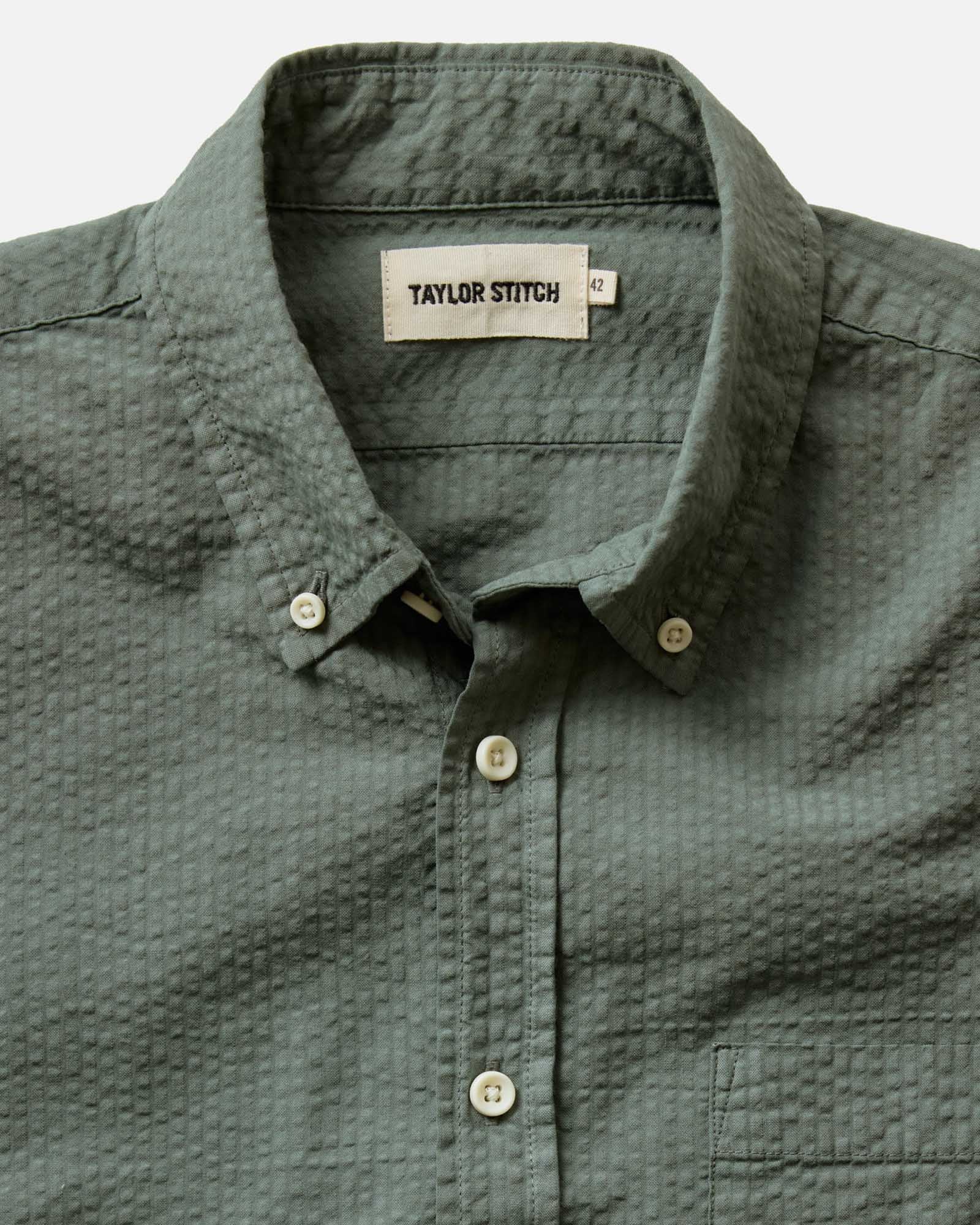 material shot of the collar on The Jack in Deep Sea Seersucker, Wovens by Taylor Stitch