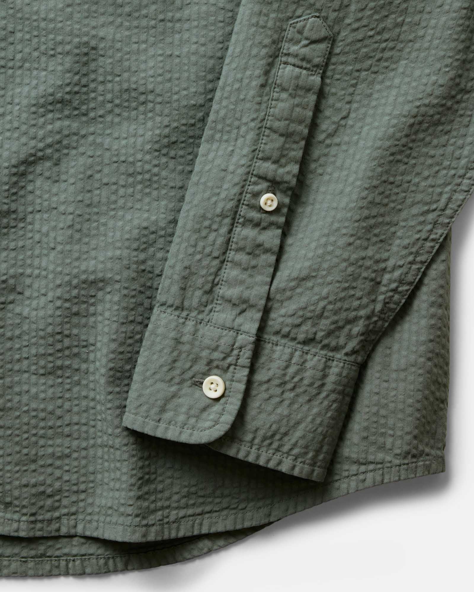 material shot of the sleeve on The Jack in Deep Sea Seersucker, Wovens by Taylor Stitch