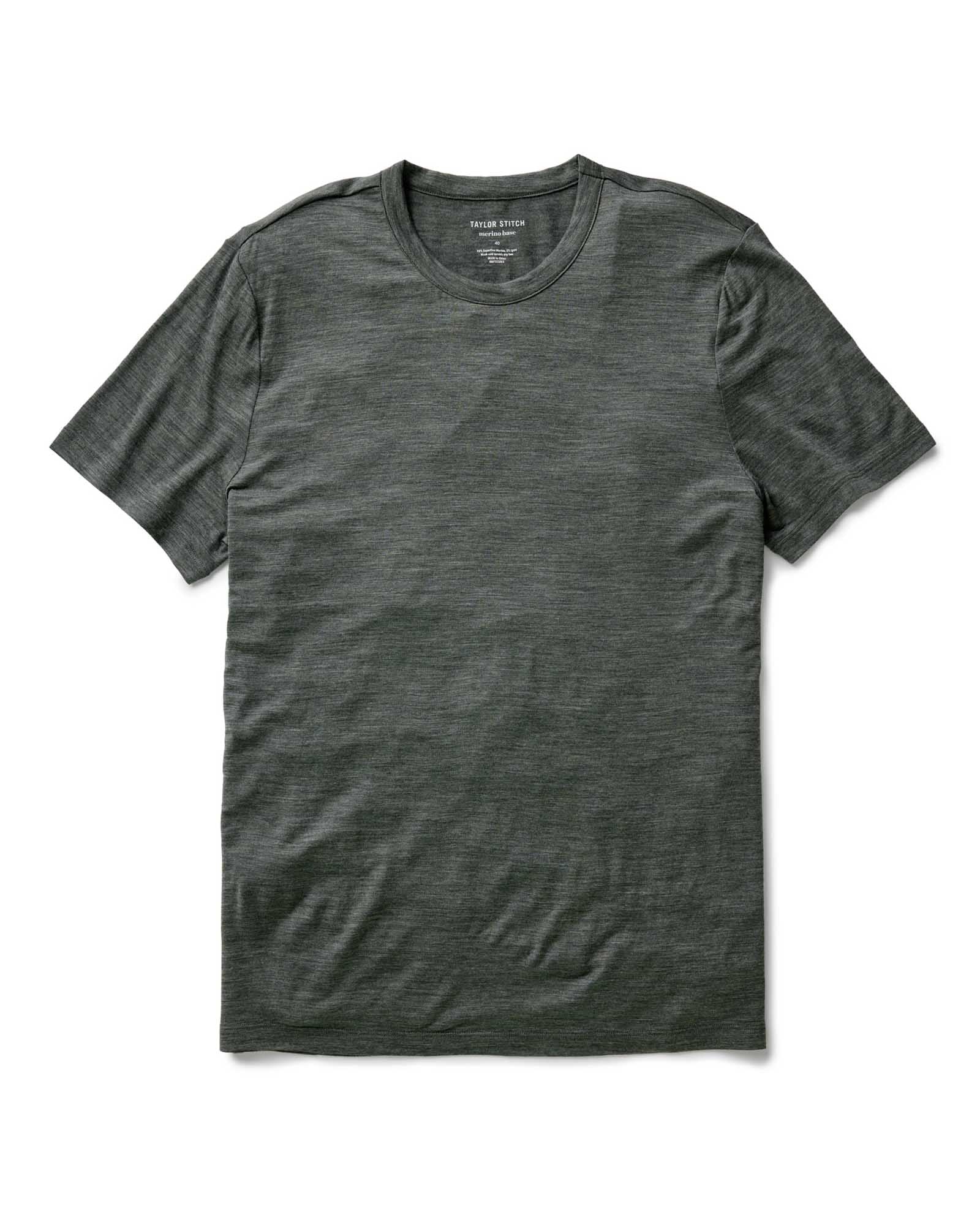 flatlay of The Merino Tee in Heather Army, Knits by Taylor Stitch