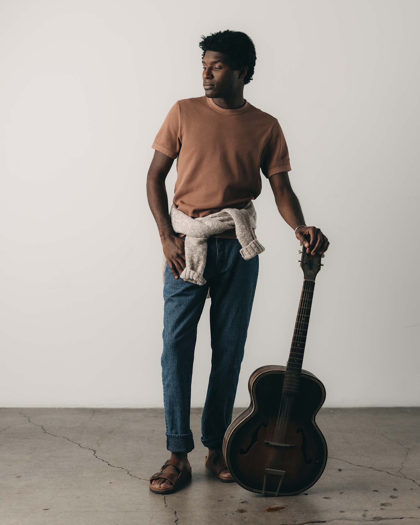 fit model showing off The Organic Cotton Short Sleeve Crew in Faded Brick Waffle, Knits by Taylor Stitch