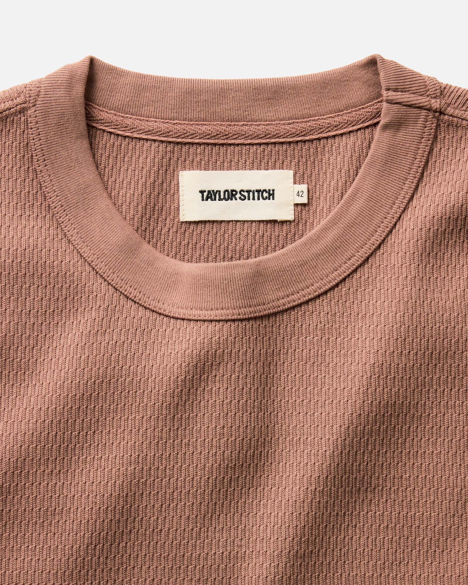 material shot of the collar on The Organic Cotton Short Sleeve Crew in Faded Brick Waffle, Knits by Taylor Stitch