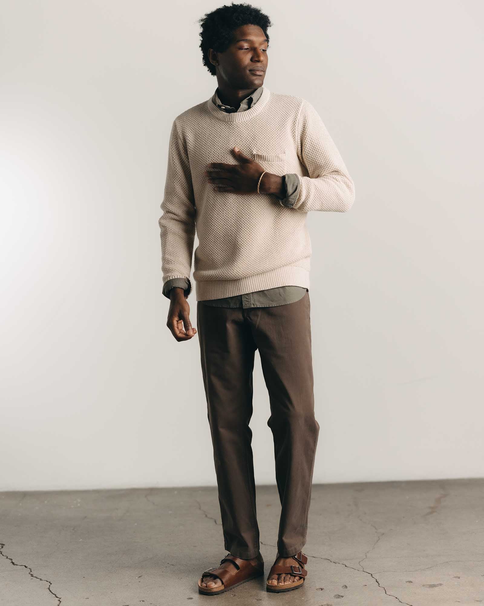 fit model posing in The Straight Foundation Pant in Organic Espresso, Bottoms by Taylor Stitch