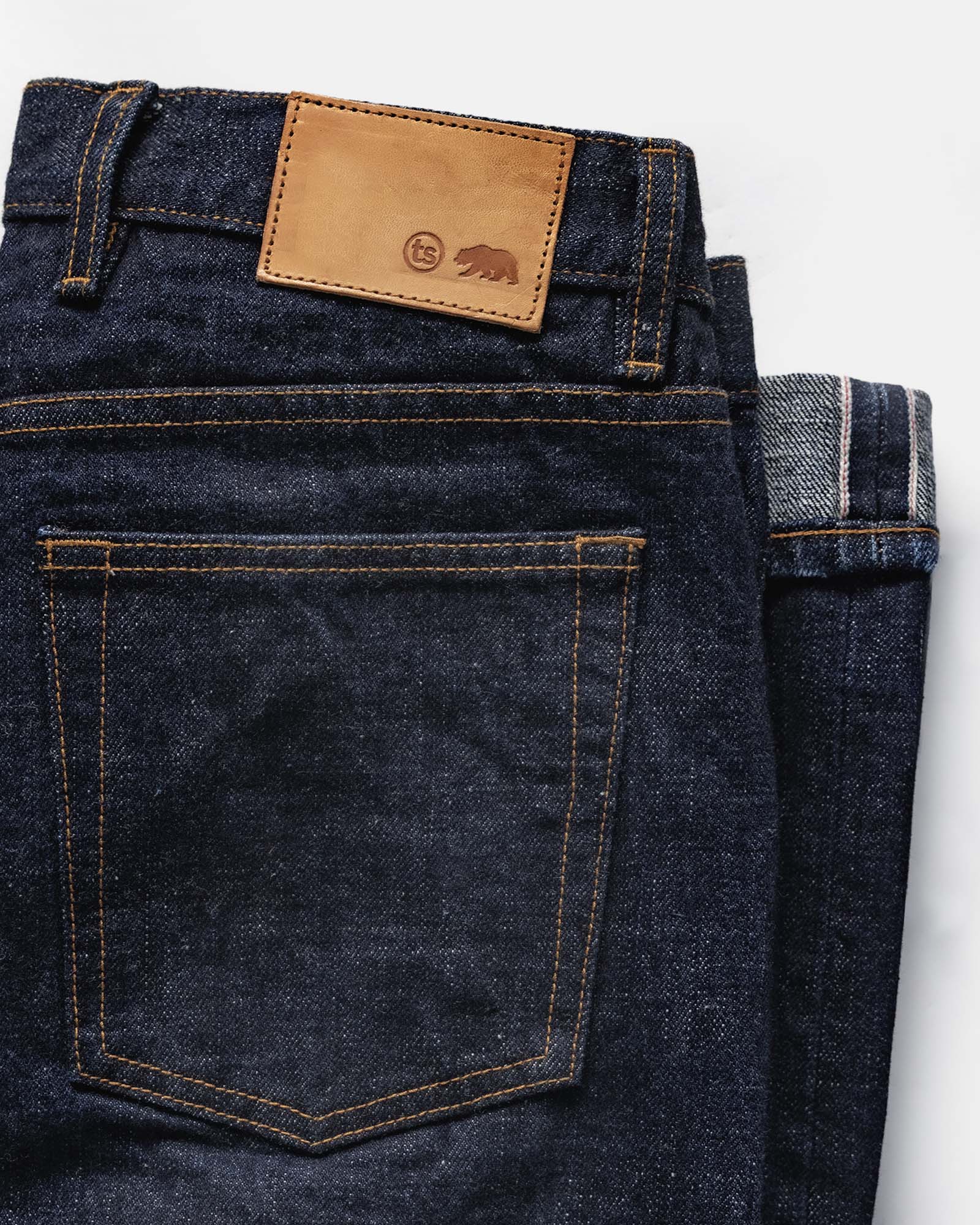 material shot of the back pocket on The Straight Jean in Rinsed Yoshiwa Selvedge, Bottoms by Taylor Stitch