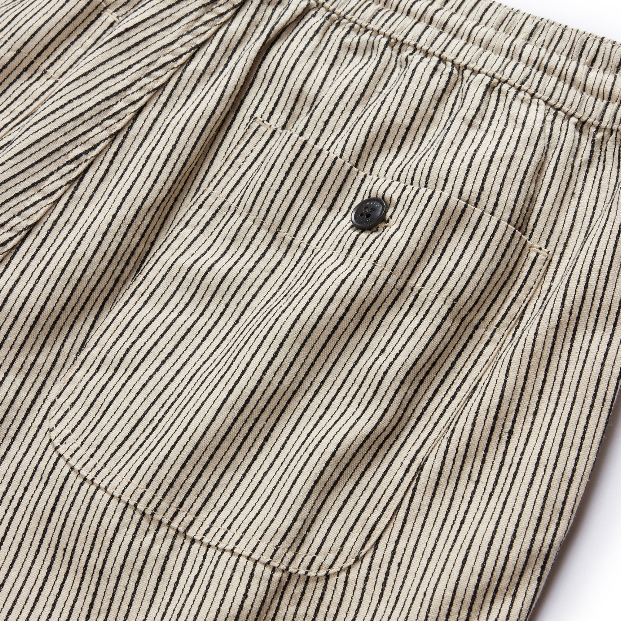 material shot of the rear button pocket on The Apres Short in Morita Stripe, Bottoms by Taylor Stitch