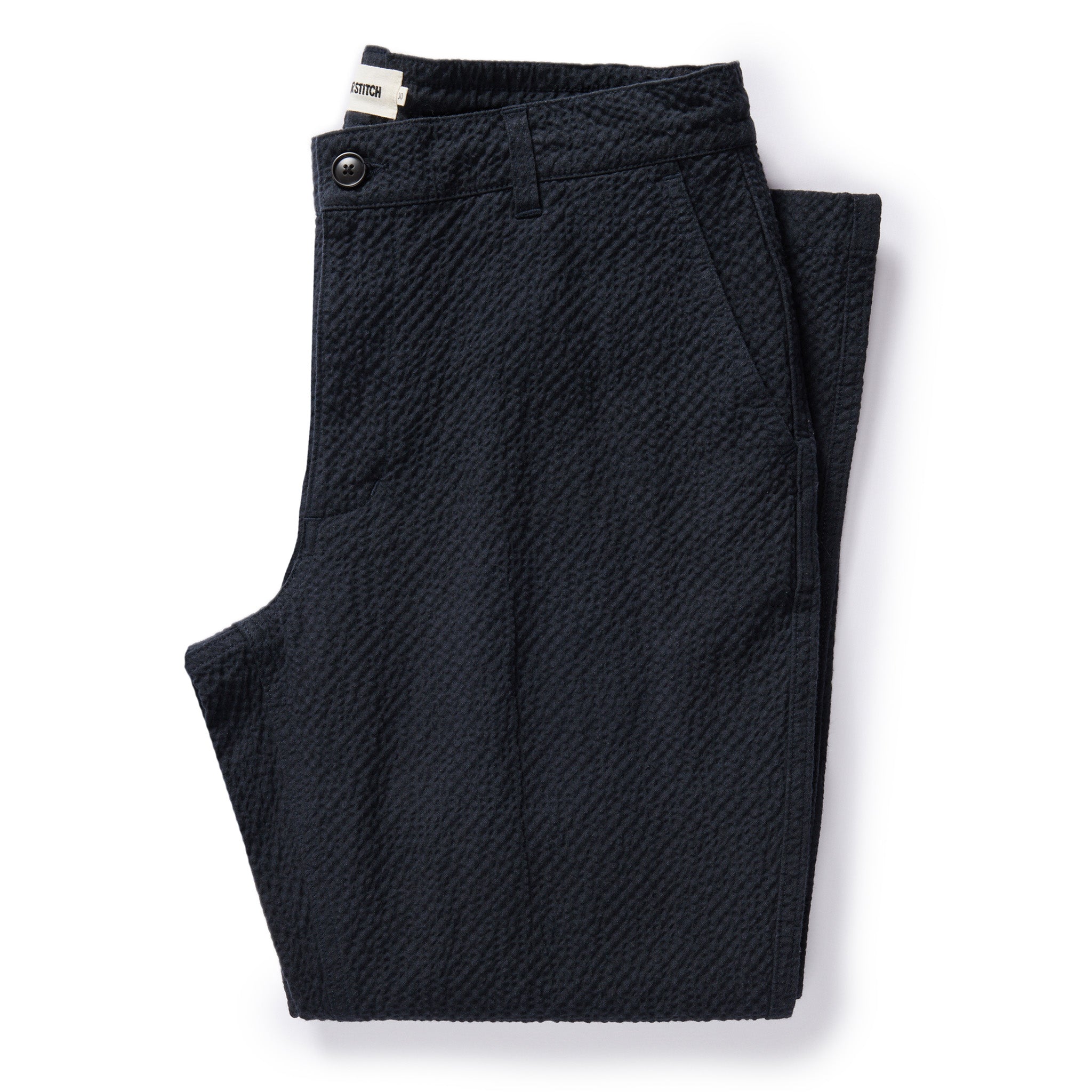 flatlay of The Easy Pant in Heather Navy Seersucker, Bottoms by Taylor Stitch