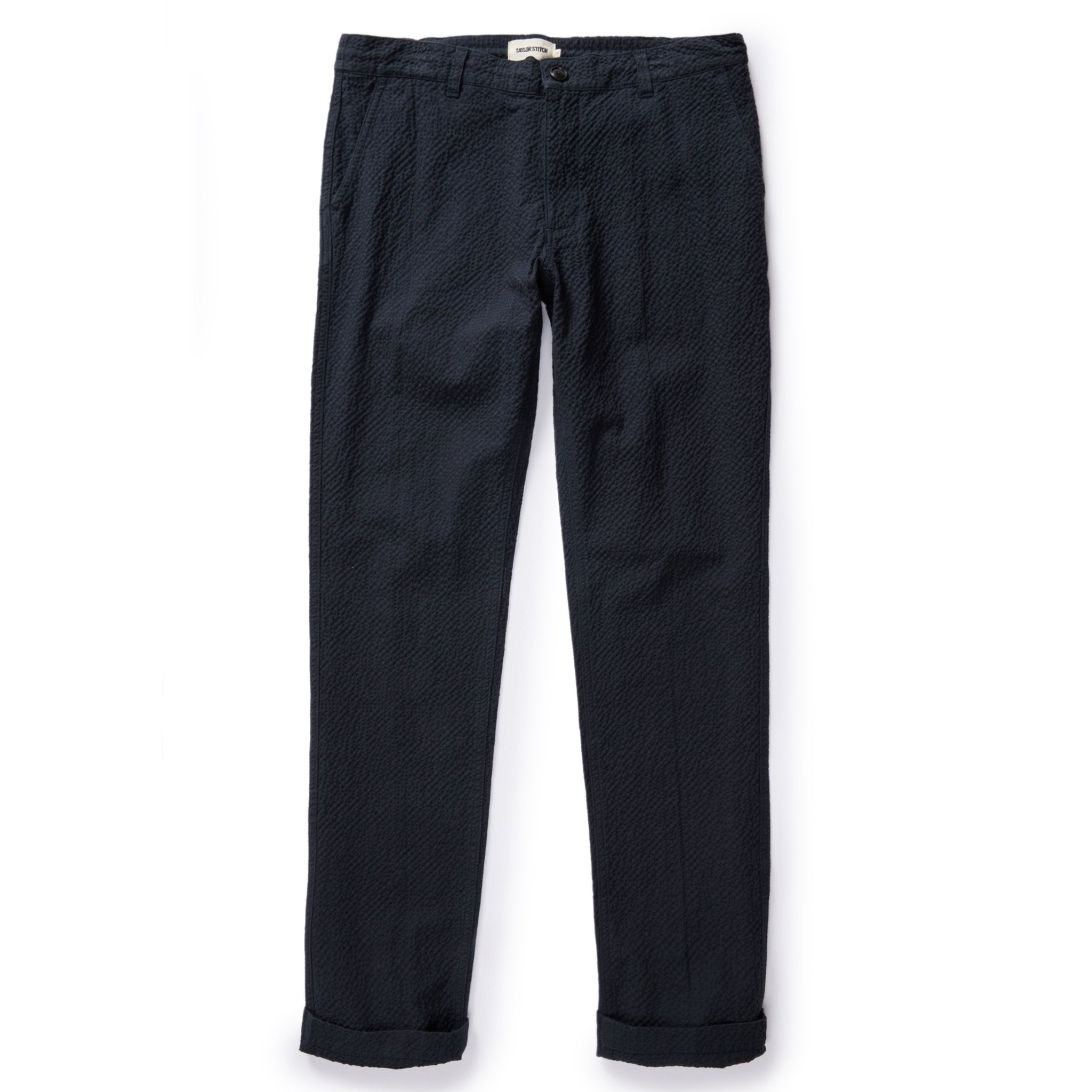 flatlay of The Easy Pant in Heather Navy Seersucker, shown in full, Bottoms by Taylor Stitch