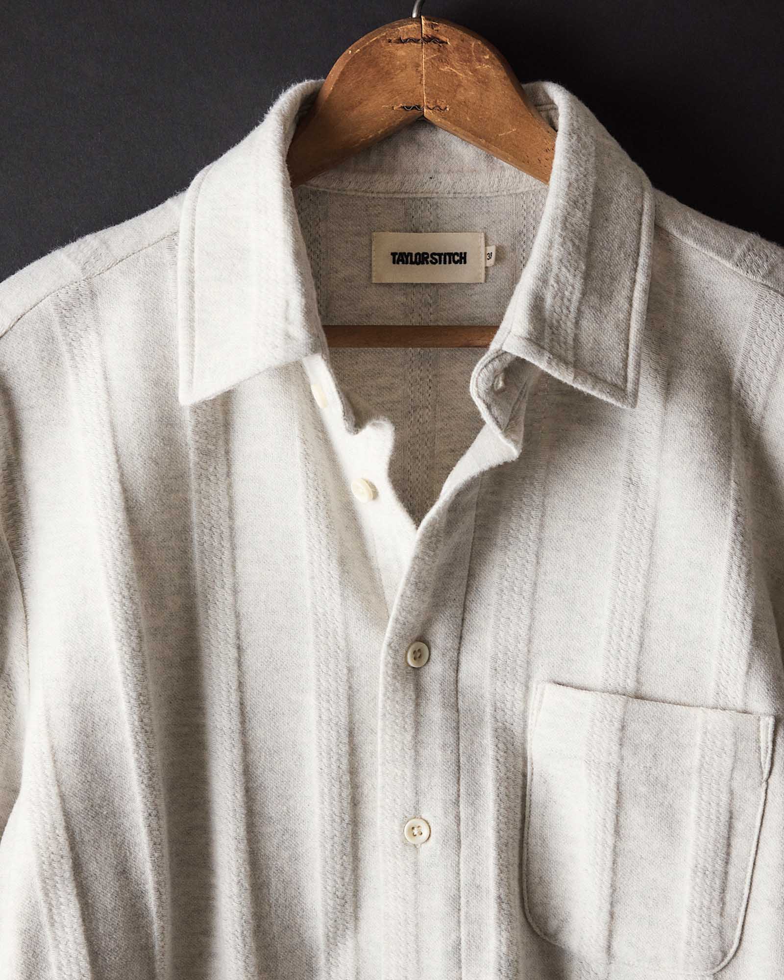material shot of the collar on The Short Sleeve California in Heather Ash Pointelle Stripe, Knits by Taylor Stitch
