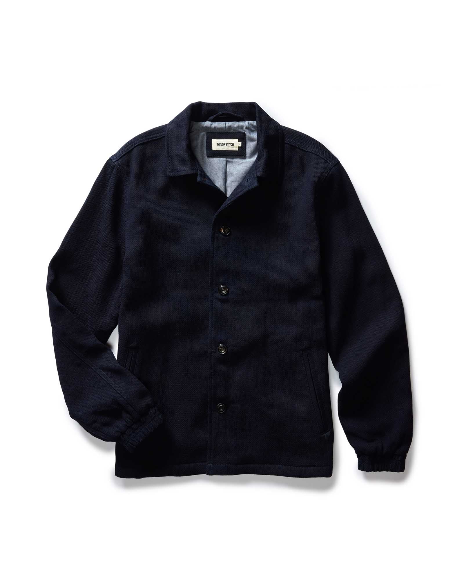 flatlay of The Crew Jacket in Raw Indigo Sashiko, Outerwear by Taylor Stitch