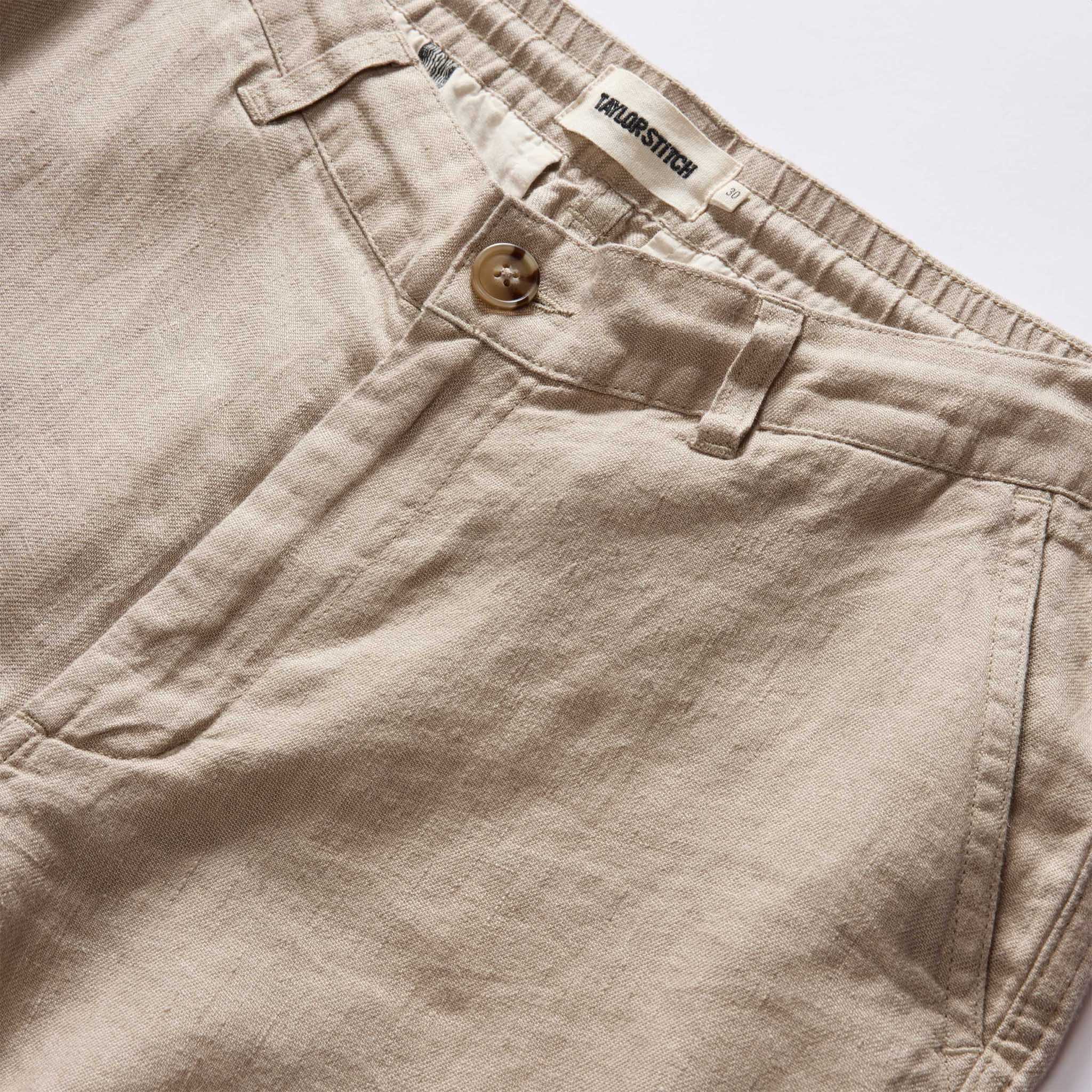 material shot of the waistband on The Easy Short in Natural Linen, Bottoms by Taylor Stitch