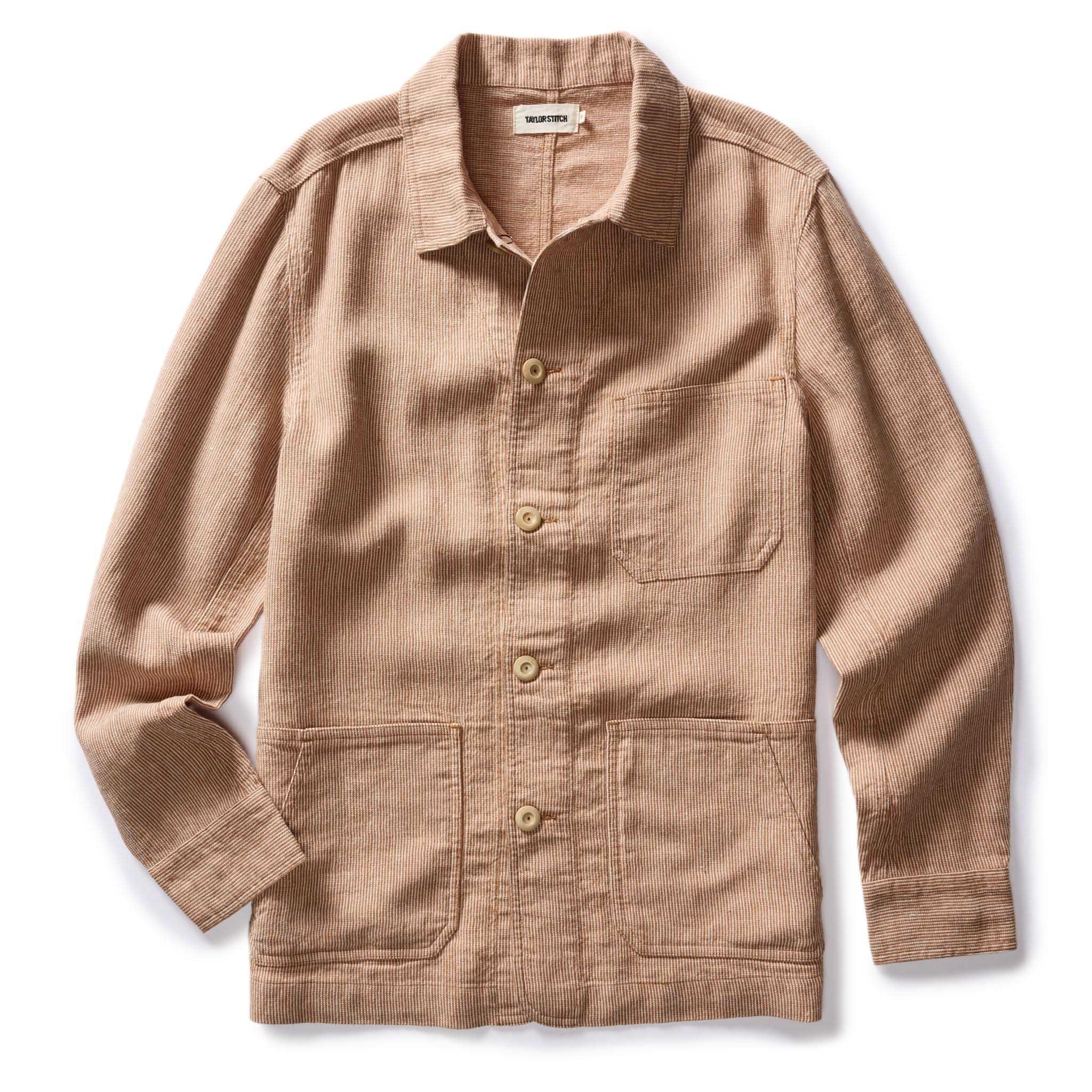 The Ojai Chore Coat in Chili Stripe Linen flatlay, Outerwear by Taylor Stitch