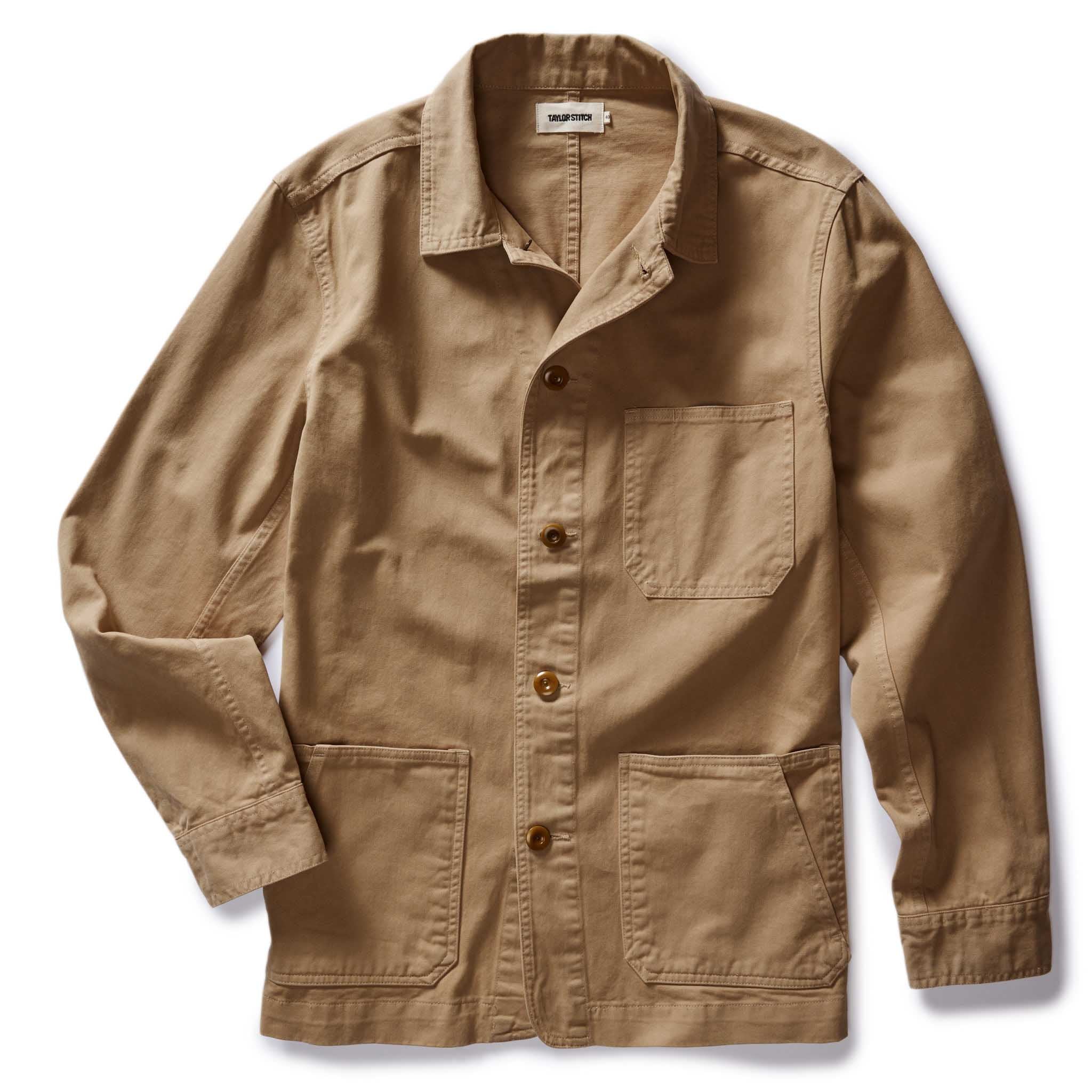The Ojai Chore Coat in Organic Light Khaki Foundation Twill flatlay, Outerwear by Taylor Stitch