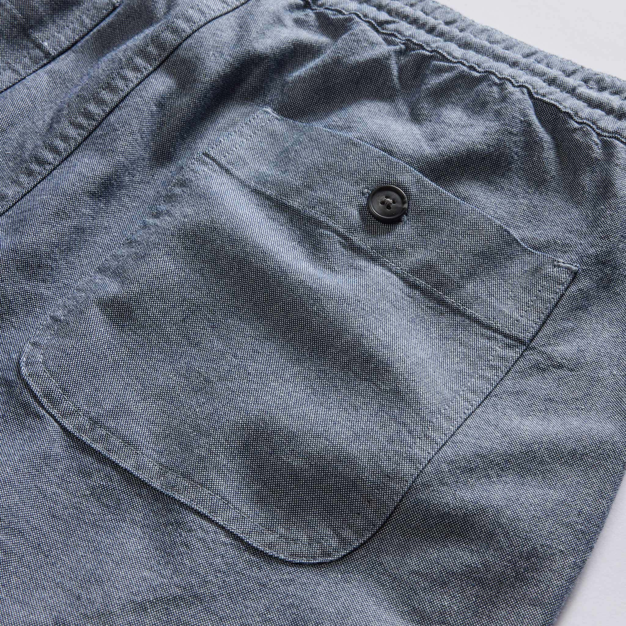 material shot of the back pocket on The Apres Short in Indigo Chambray, Bottoms by Taylor Stitch