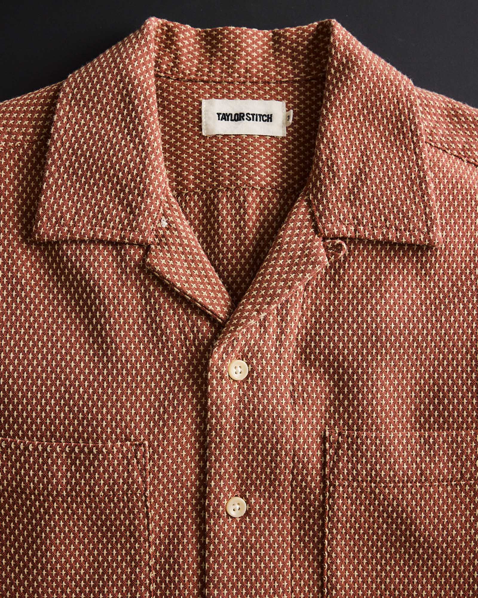 material shot of the collar on The Conrad Shirt in Fired Brick Dobby, Wovens by Taylor Stitch