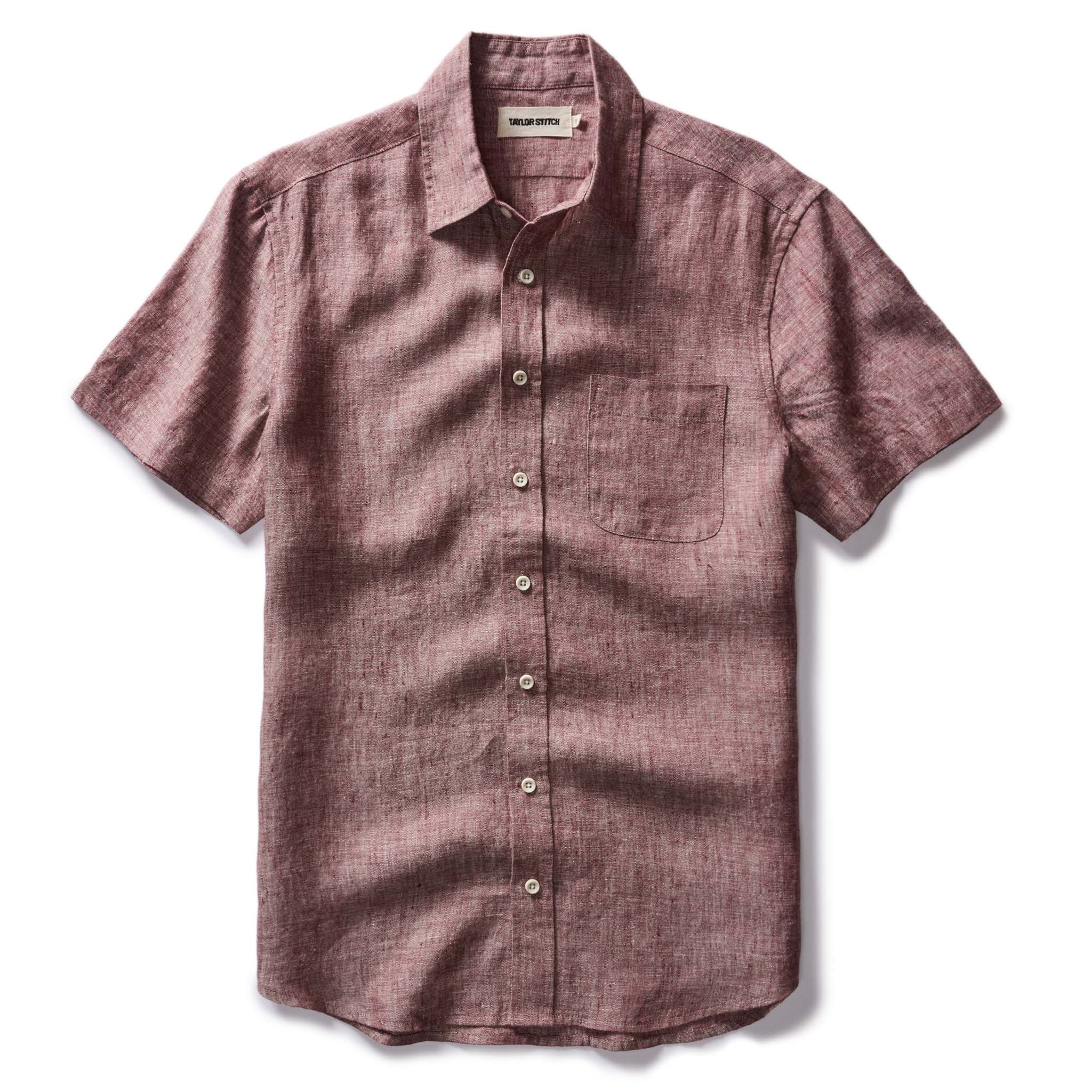 flatlay of The Short Sleeve California in Dried Cherry Hemp, Wovens by Taylor Stitch