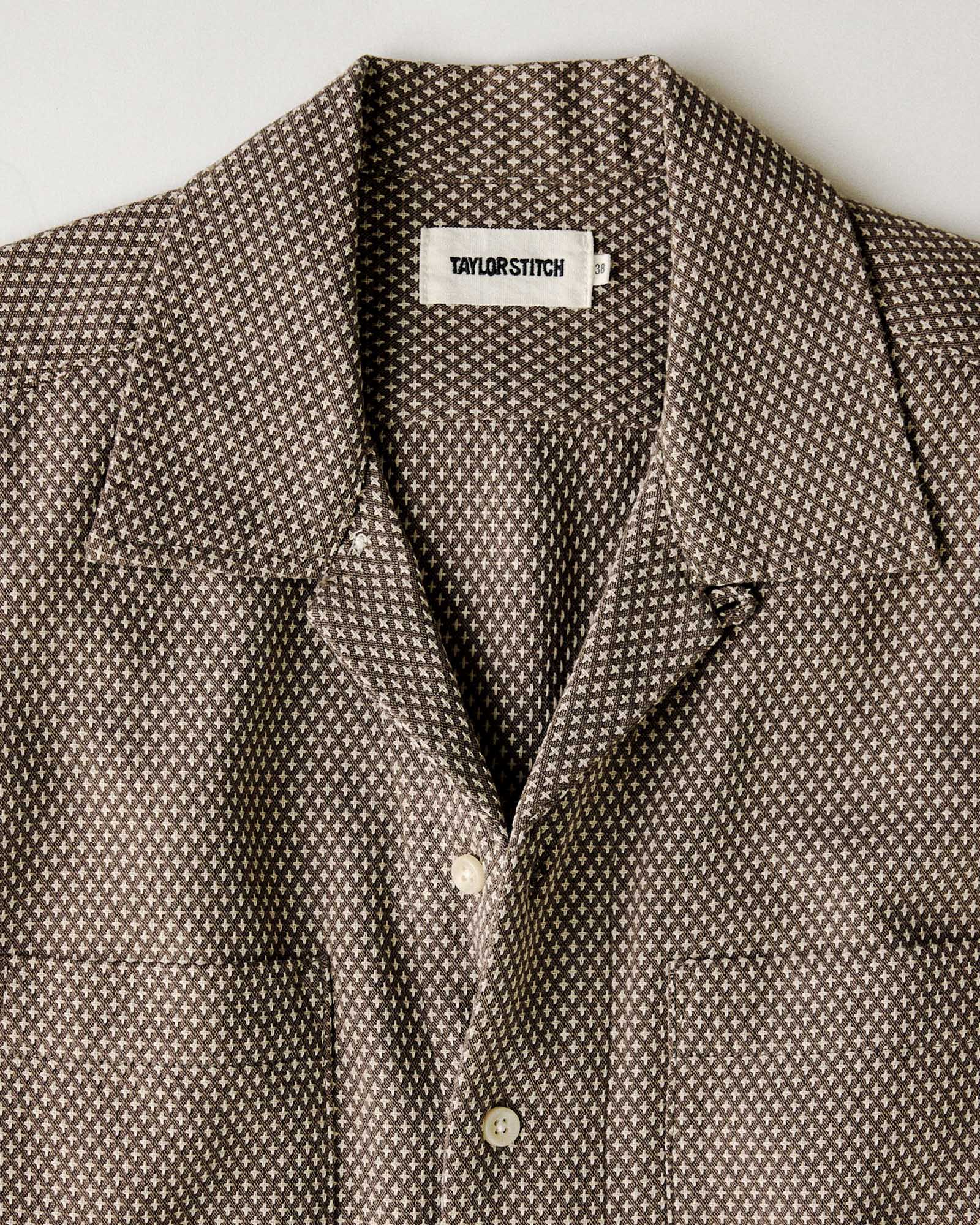 material shot of the collar on The Conrad Shirt in Cocoa Dobby, Wovens by Taylor Stitch