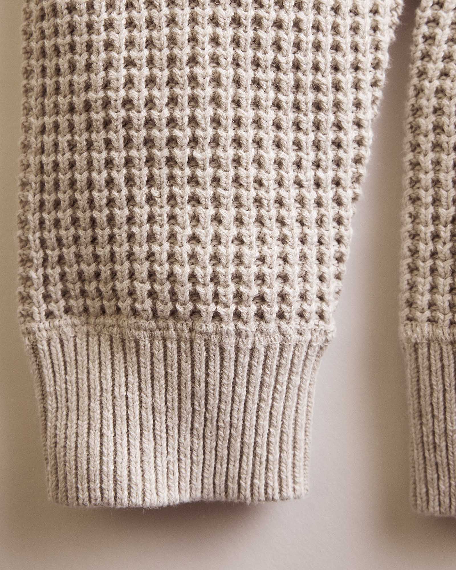 aterial shot of the cuff on The Ranger Sweater in Heather Fog Linen Waffle, Knits by Taylor Stitch