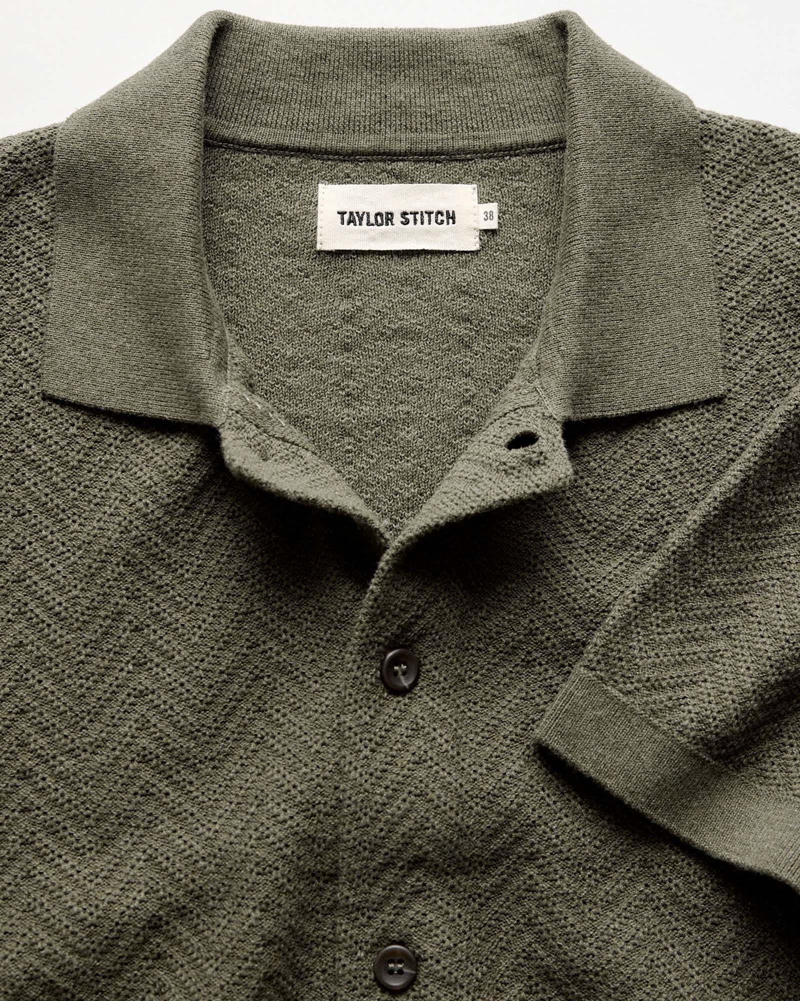 material shot of the collar on The Button Down Polo in Cilantro Herringbone, Knits by Taylor Stitch