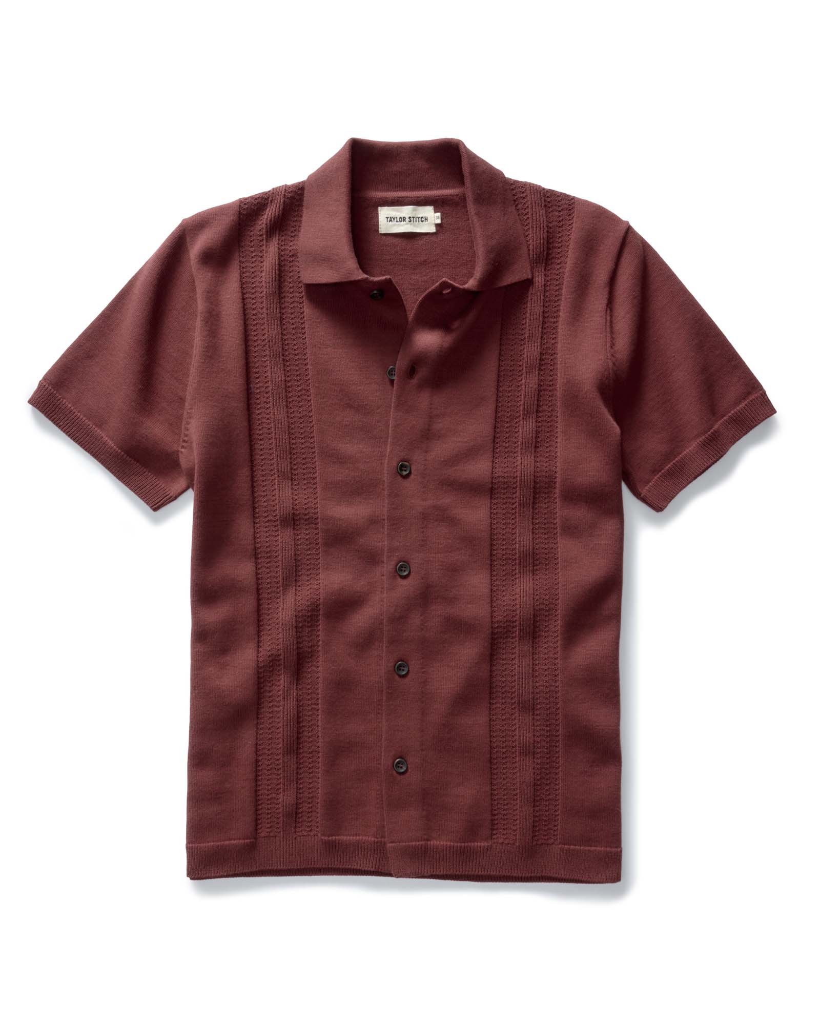 flatlay of The Button Down Polo in Dried Cherry Stripe, Knits by Taylor Stitch