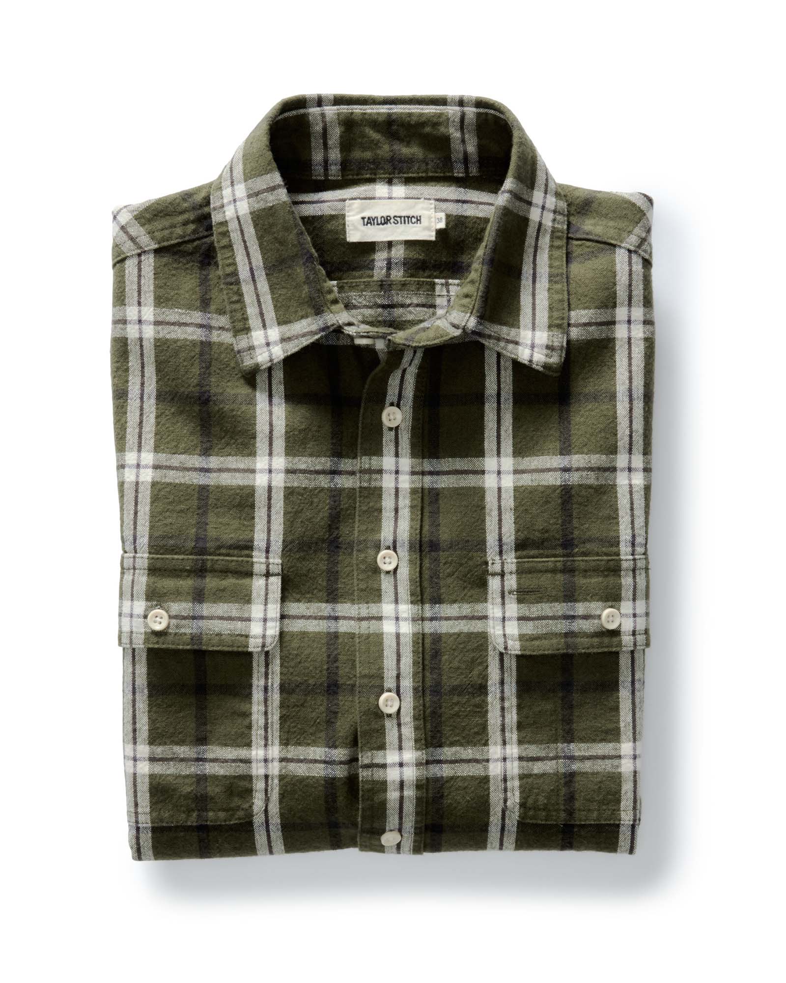 folded flatlay of The Craftsman Shirt in Canteen Plaid Linen, Wovens by Taylor Stitch