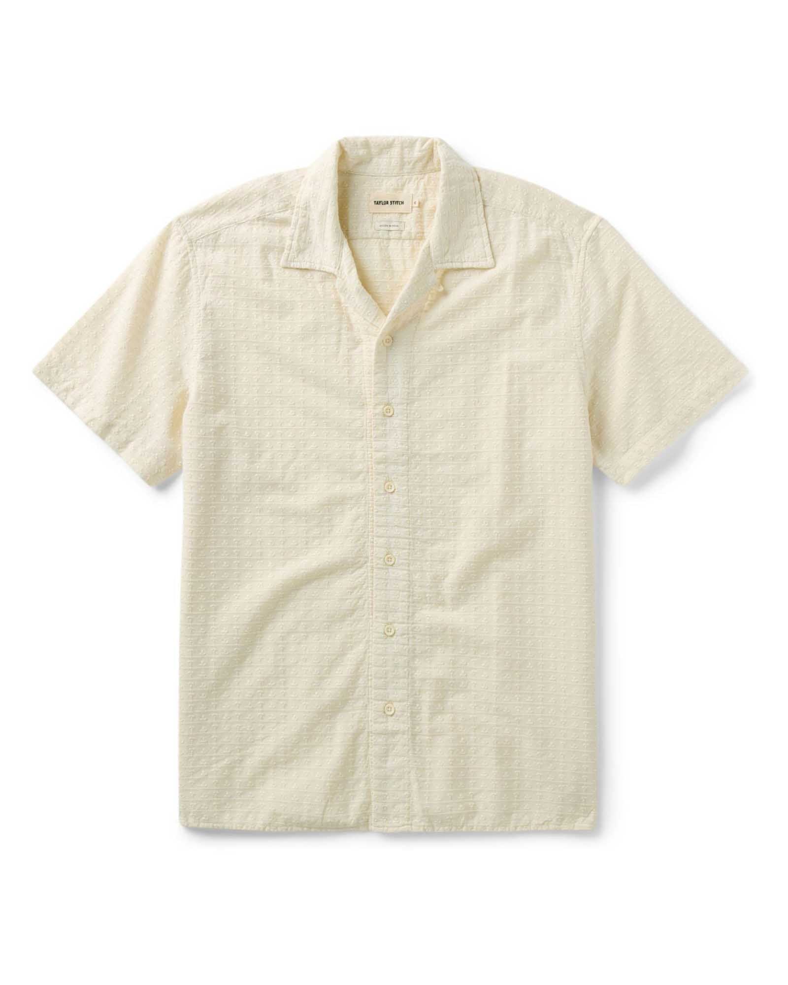 flatlay of The Davis Shirt in Vintage White Embroidered Stripe, Wovens by Taylor Stitch