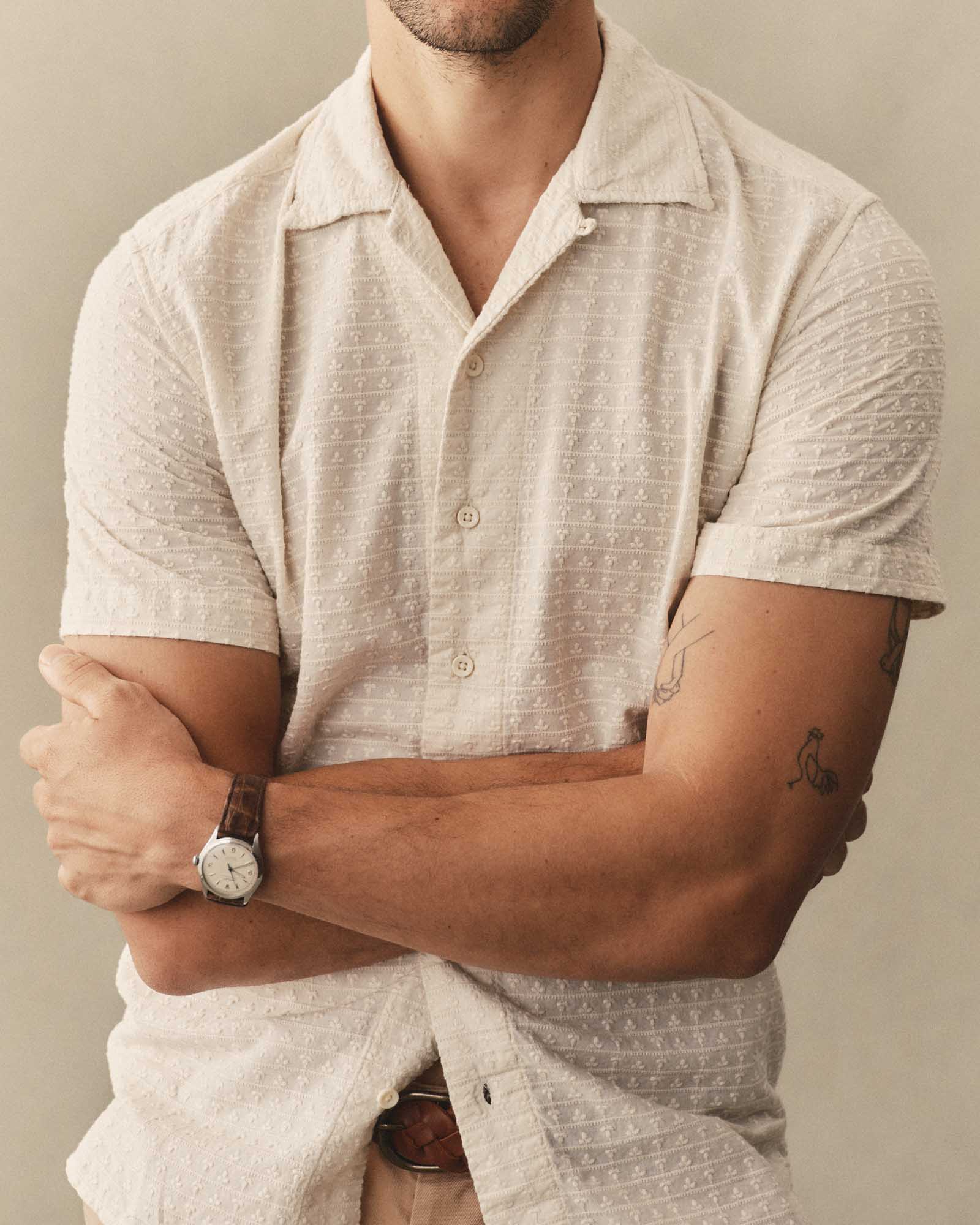 fit model showing off The Davis Shirt in Vintage White Embroidered Stripe, Wovens by Taylor Stitch