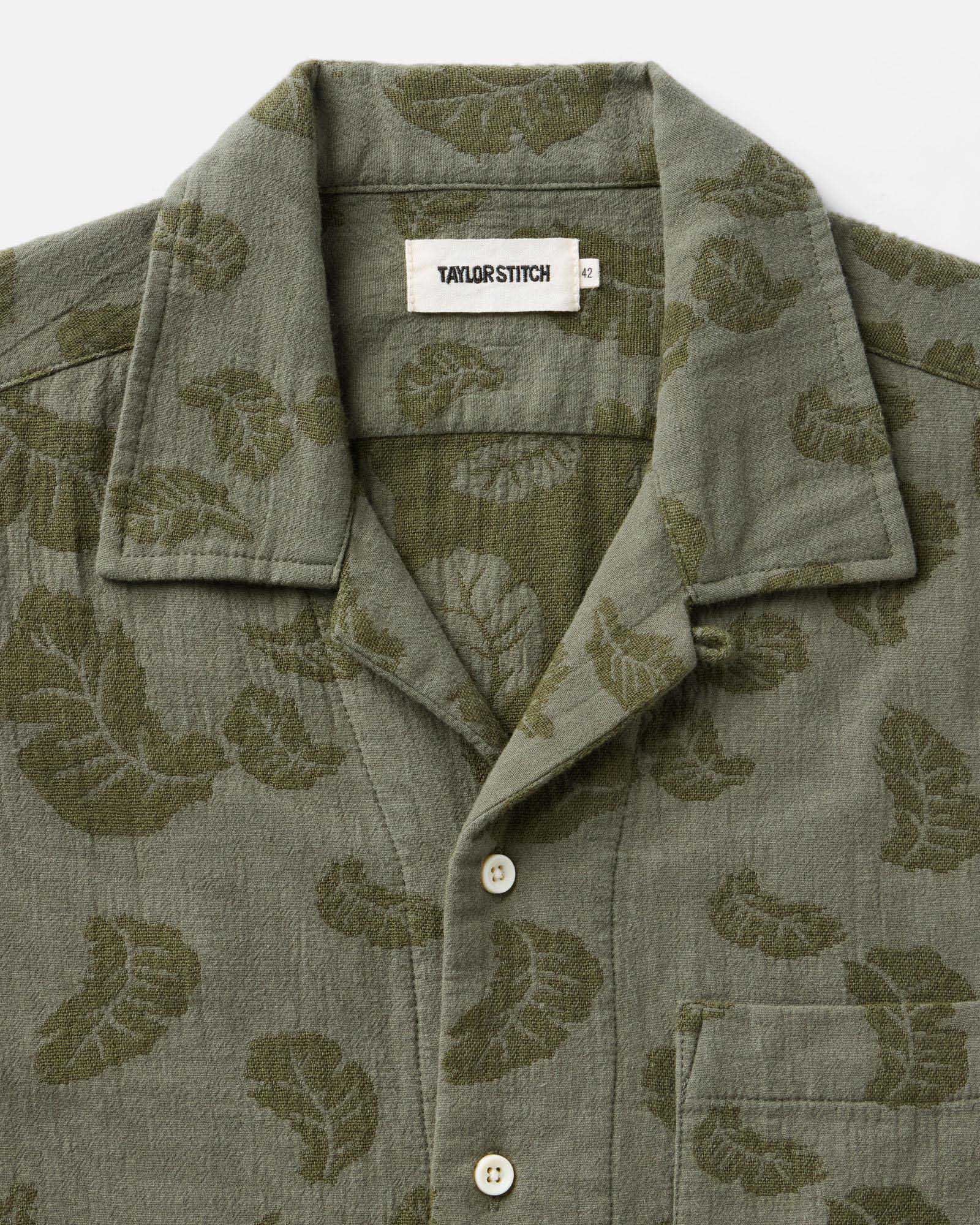 material shot of the collar on The Hawthorne Shirt in Burnt Olive Floral Jacquard, Wovens by Taylor Stitch