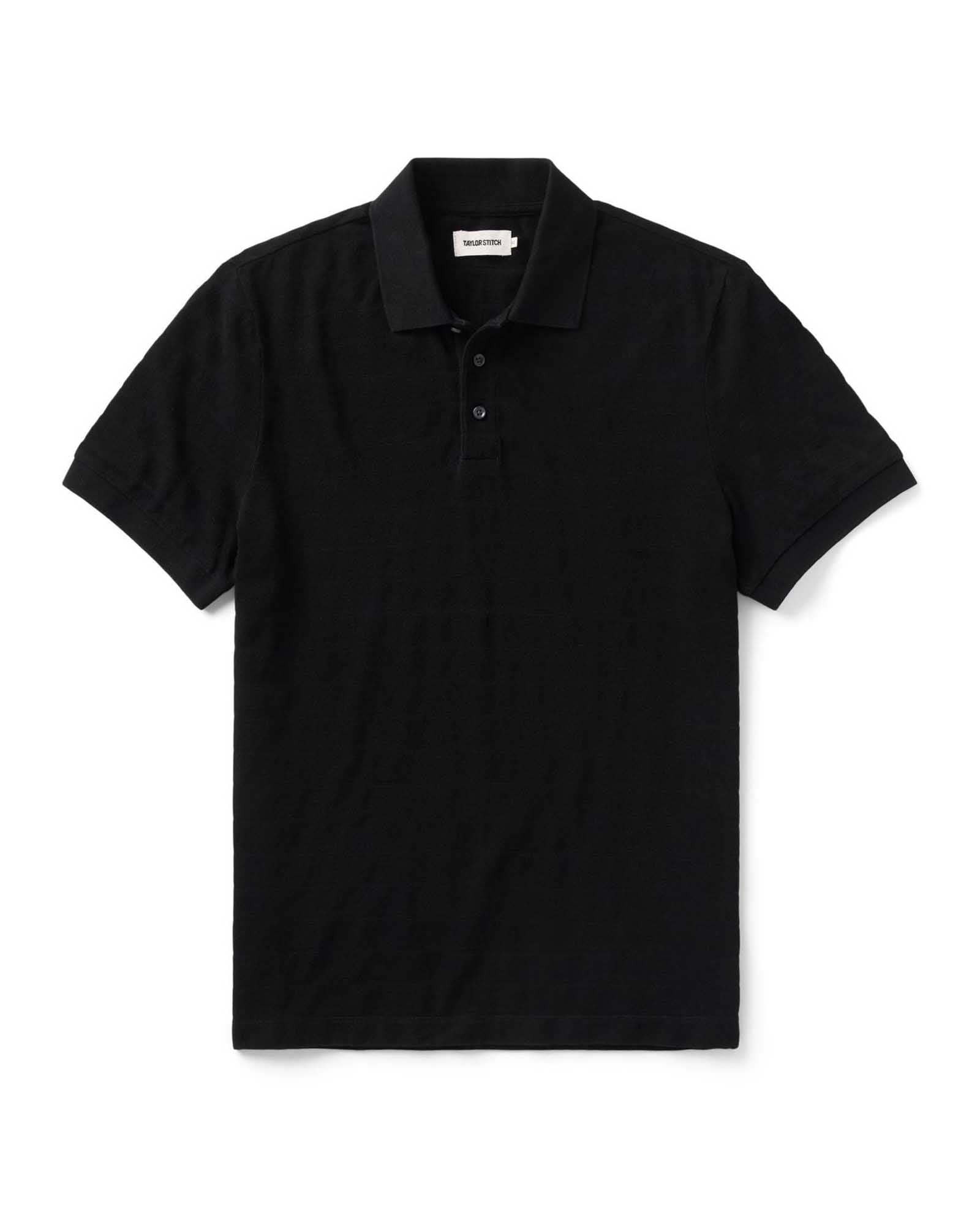 flatlay of The Pacific Polo in Black Indigo Pique Stripe, Knits by Taylor Stitch