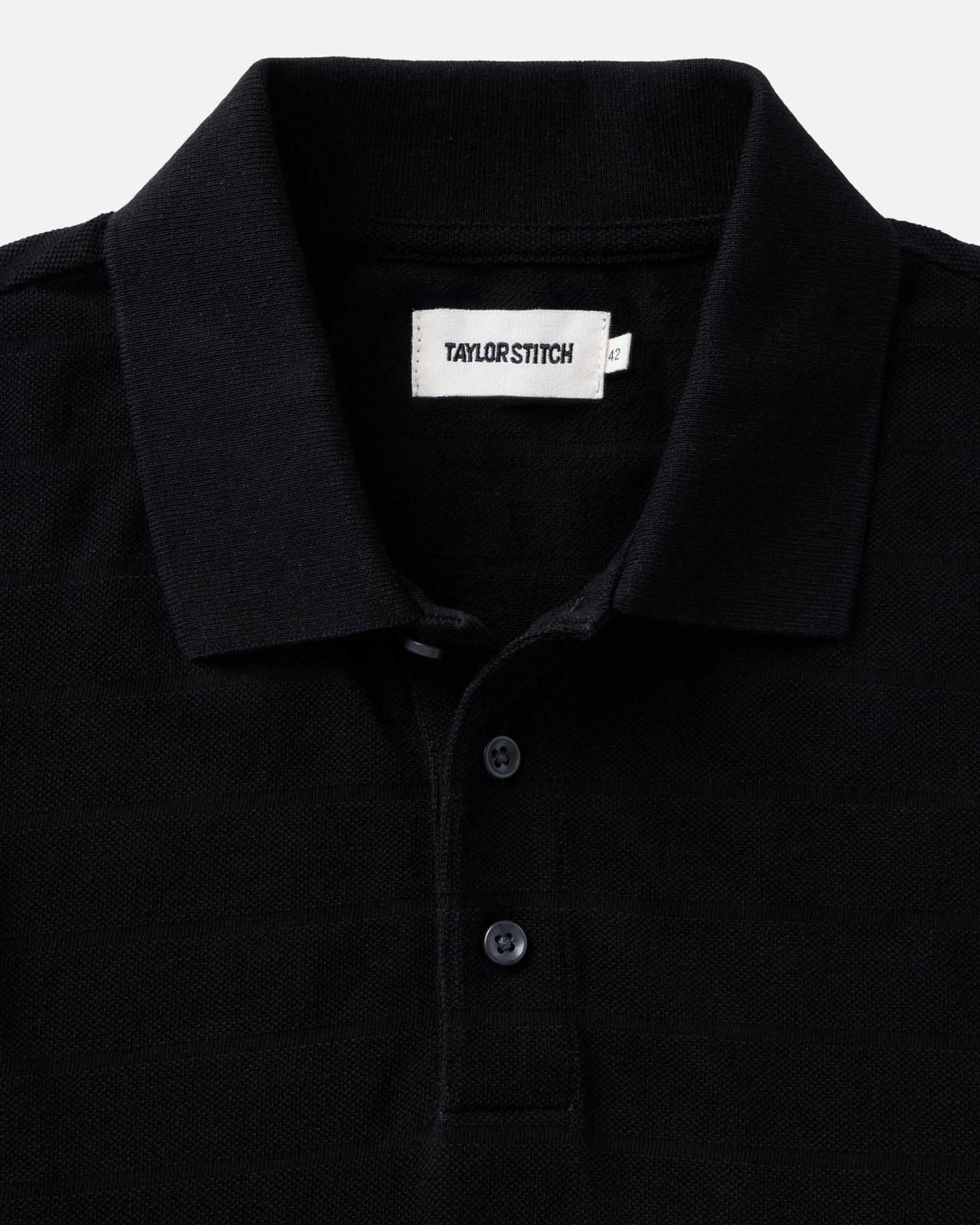 material shot of the collar on The Pacific Polo in Black Indigo Pique Stripe, Knits by Taylor Stitch