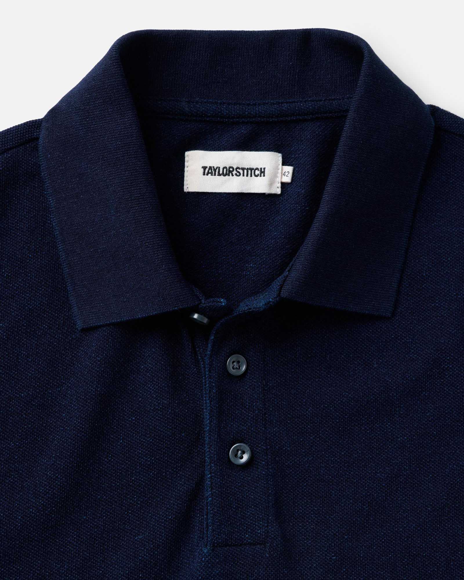 material shot of the collar on The Pacific Polo in Rinsed Indigo Pique, Knits by Taylor Stitch